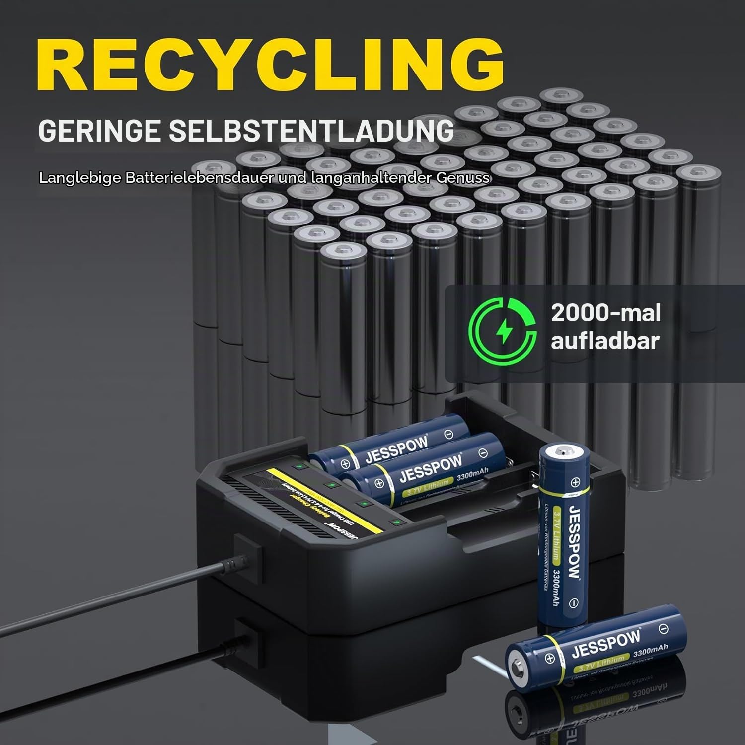 3,7 Volt Akku Ladegerät, 6er-Pack 3,7V 3300 mAh Button-Top Akkus mit Ladegerät (18.5 x 67mm)