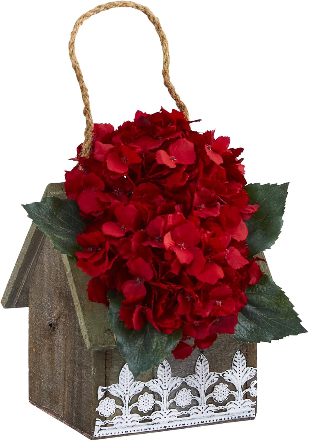 Nearly Natural 10in. Hydrangea Artificial Arrangement in Hanging Floral Design House Planter, Red