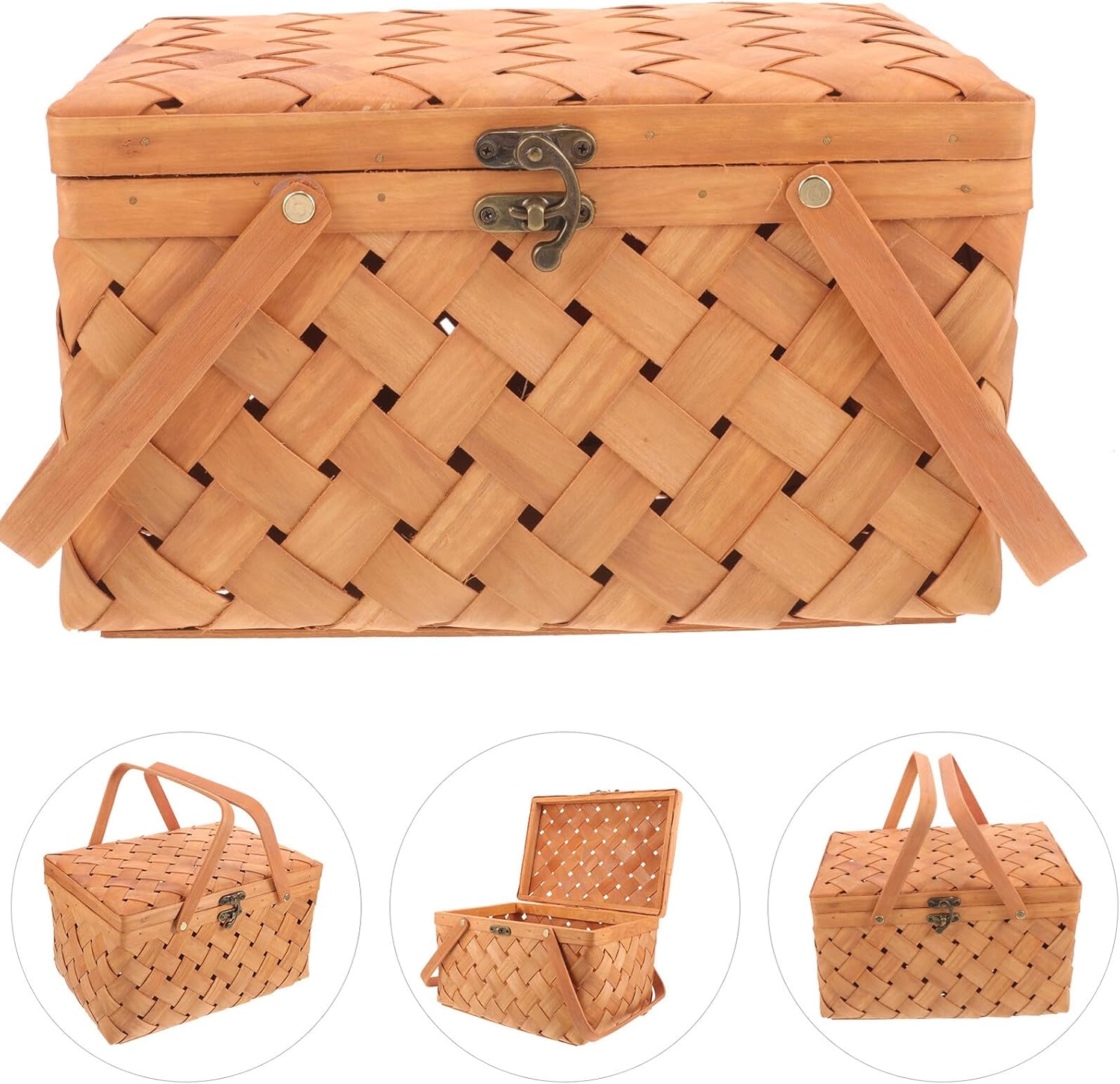 Woven Wooden Picnic Basket with Lid, Multi-Function Fruit and Vegetable Storage Organizer, 32x22x18cm Decorative Handheld Basket for Outdoor and Home Use