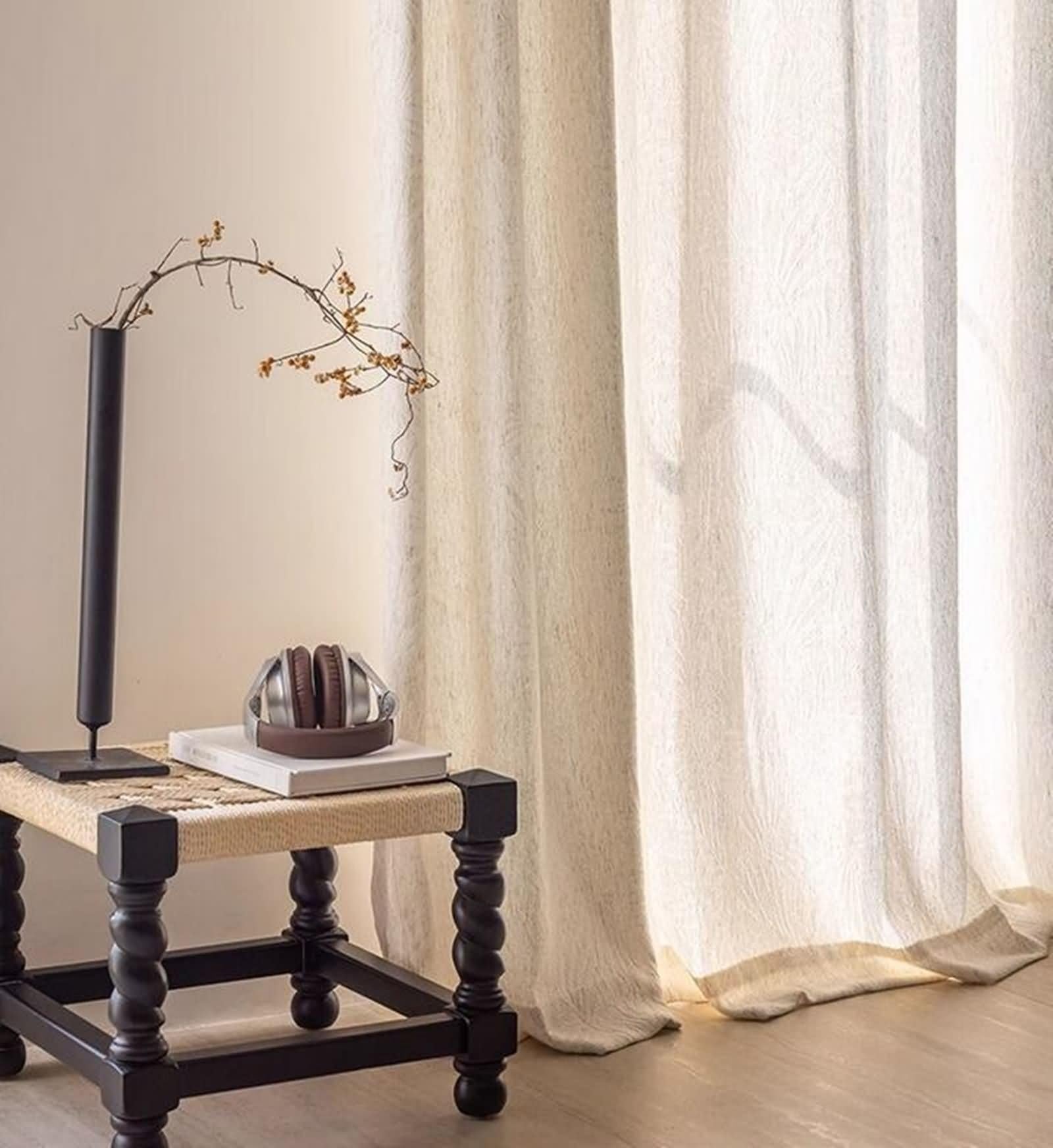 Rideau Cuisine Automne, Rideau Cuisine Long Beige Blanc Couleur Unie à Motif Jacquard Polyester 2 Panneaux 132W x 183L cm