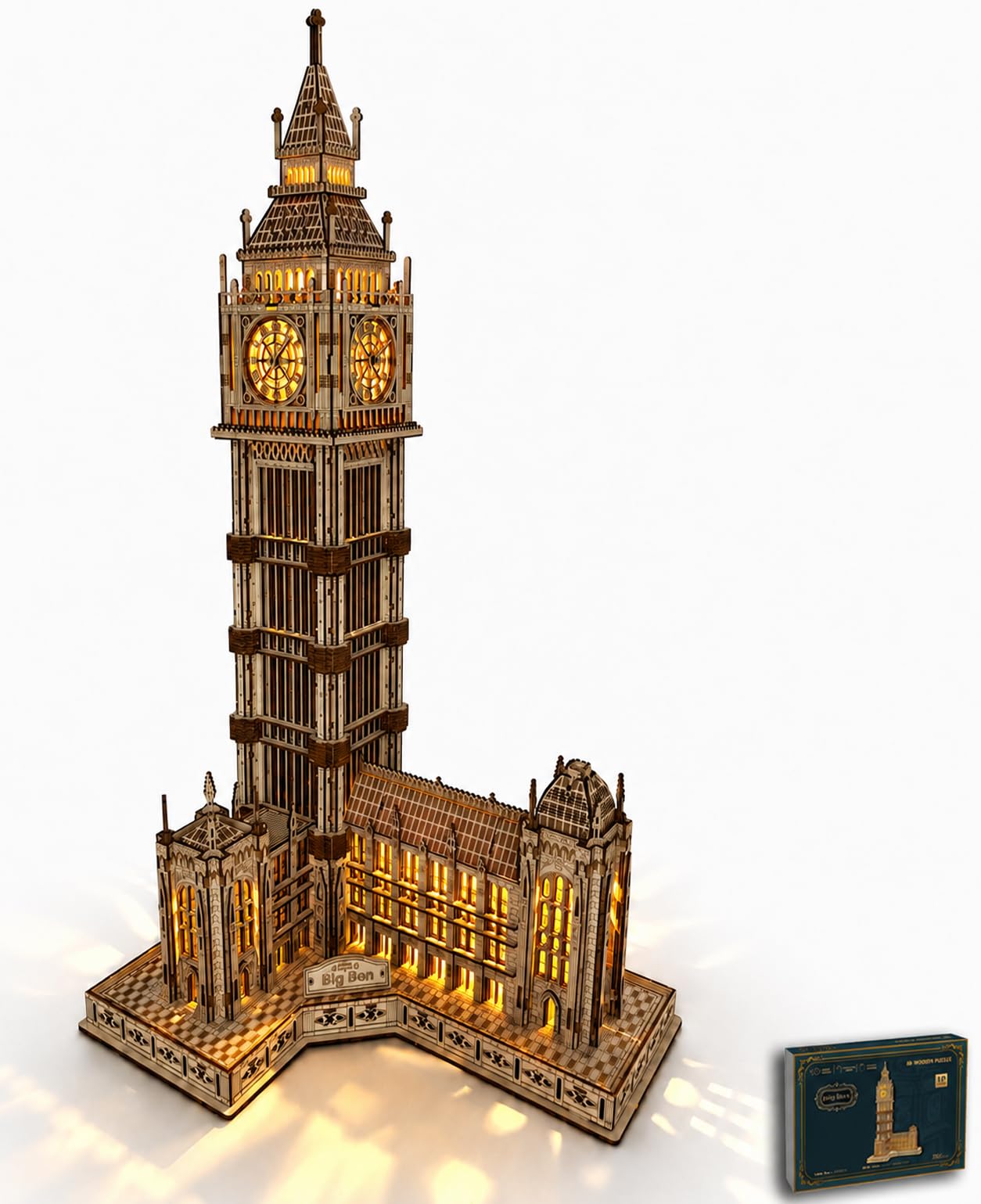 3D Holzpuzzle für Erwachsene, Big Ben Architekturmodell mit LED | Detailreiches Wahrzeichen Londons, warme LED-Beleuchtung, 595 Bauteile, dekoratives Holzmodell, Geschenkidee