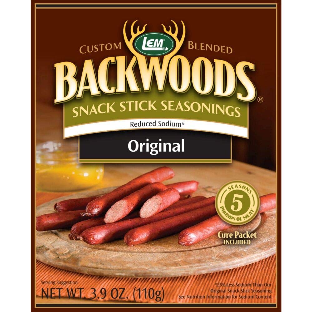 LEM Products Backwoods Reduced Sodium Original Snack Stick Seasoning, Ideal for Wild Game and Domestic Meat, Seasons Up to 5 Pounds of Meat, 3.9 Ounce Packet with Pre-Measured Cure Packet Included