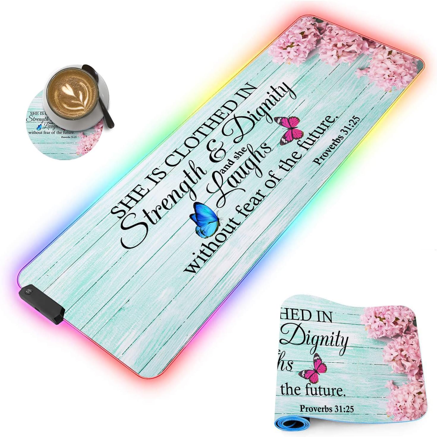 Customized RGB Gaming Mouse Pad and Coffee Coaster,Large Glowing Led Anti-Slip Rubber Base Computer Keyboard Desk Mouse Mat 31.4x11.8 Inch,Pink Hyacinth Bible Verse Proverbs 31-25