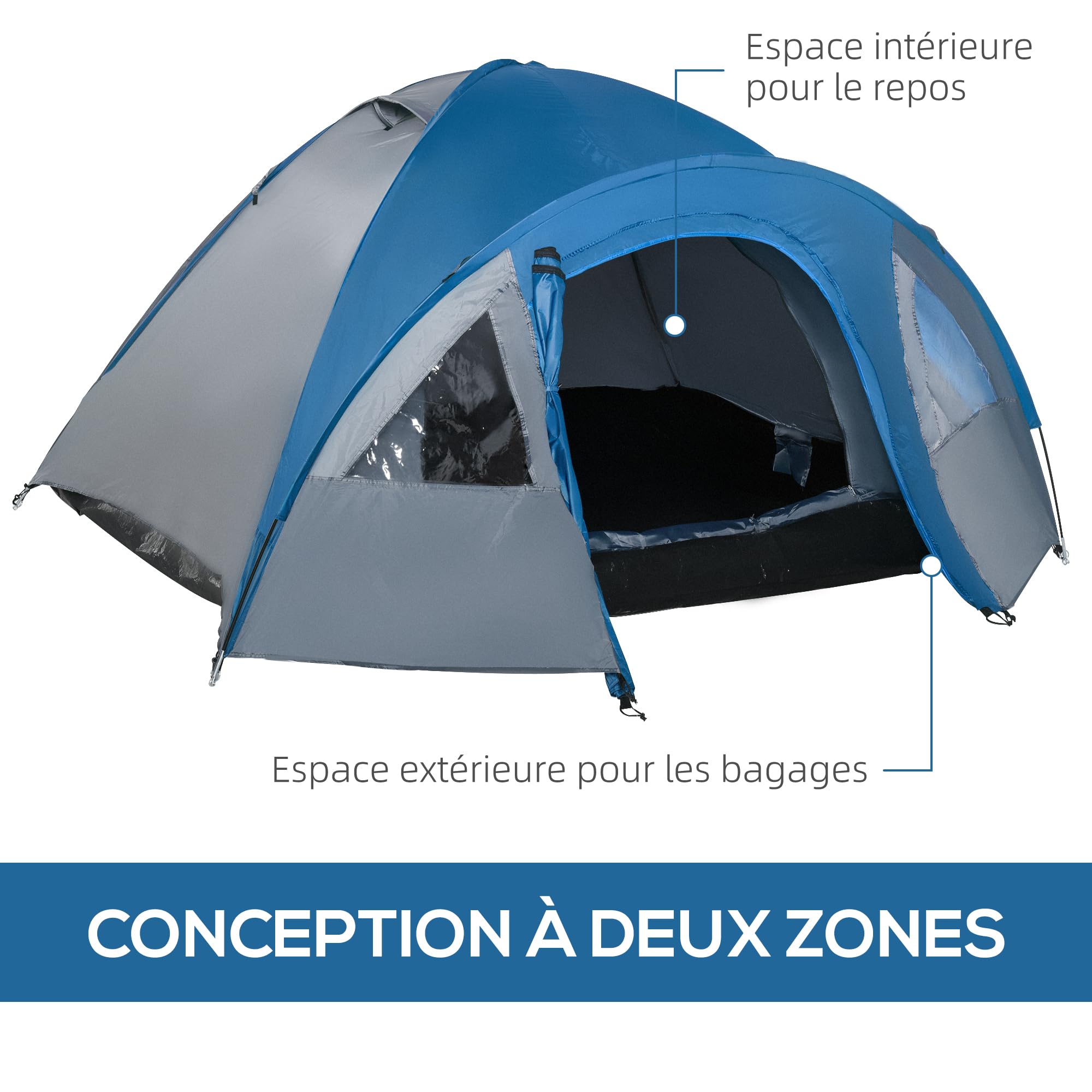 Outsunny Tente de Camping familiale 4-5 Personnes légère et étanche, dôme ventilé avec Double Portes et fenêtres, Facile à Monter, Fibre de Verre Polyester, dim. 3L x 2,50l x 1,30H m Bleu Marine