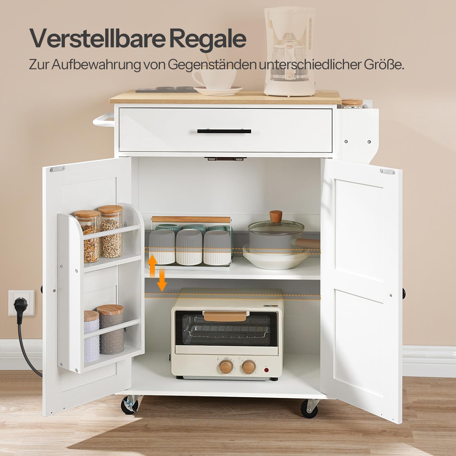 HOOBRO Tavolo Isola Cucina con Prese Elettriche, Carrello da Cucina con Cassetti e Porta Spezie, Carrello Isola da Cucina, con 2 Prese, Bianco e Colore Legno Naturale EWN88CZD01