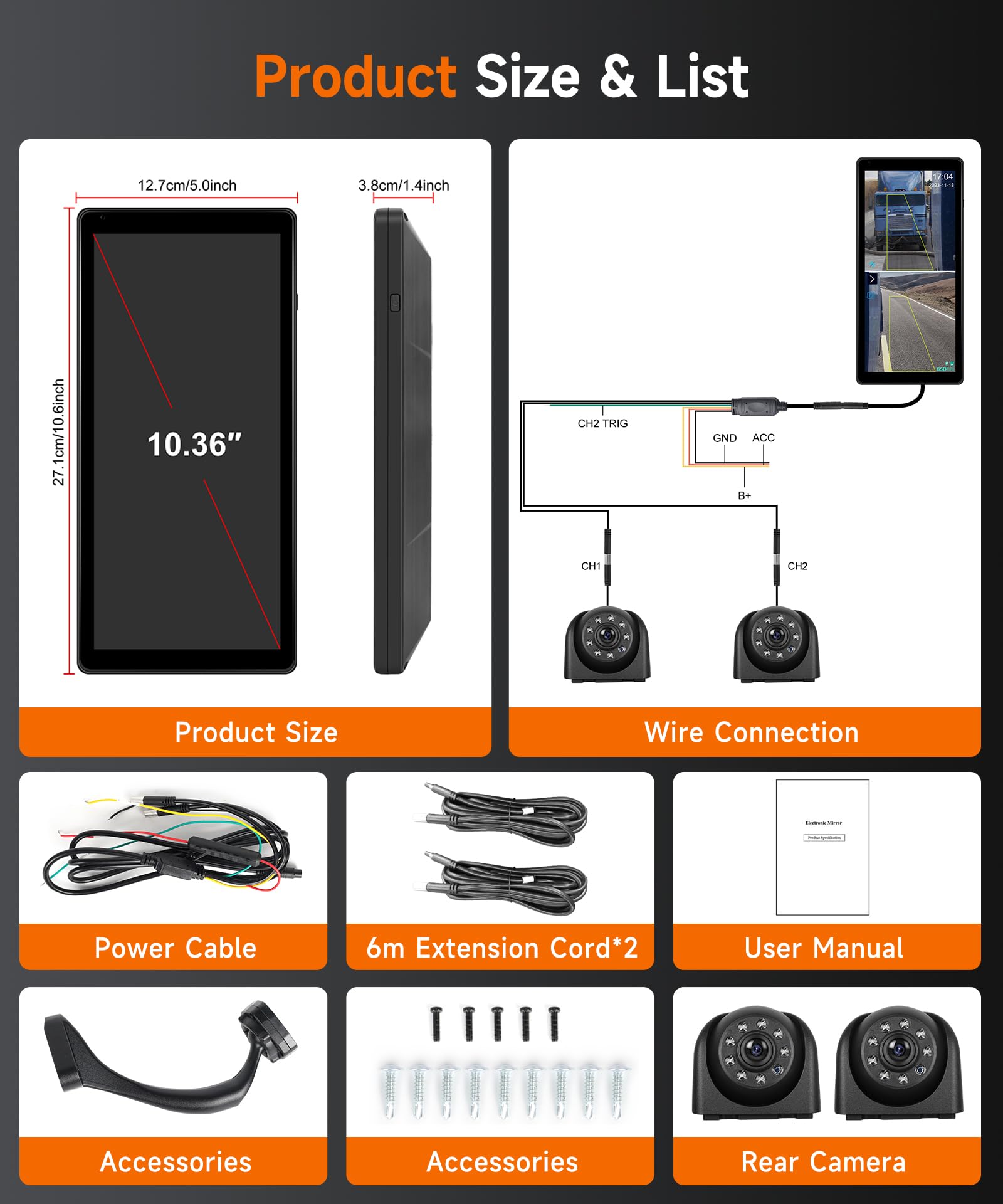 Specchio Dashcam per camion con 2 telecamere per retromarcia, specchietto retrovisore con schermo verticale per autobus e camion, monitor touchscreen da 26,3 cm (10,36 pollici) con sistemi BSD/DVR