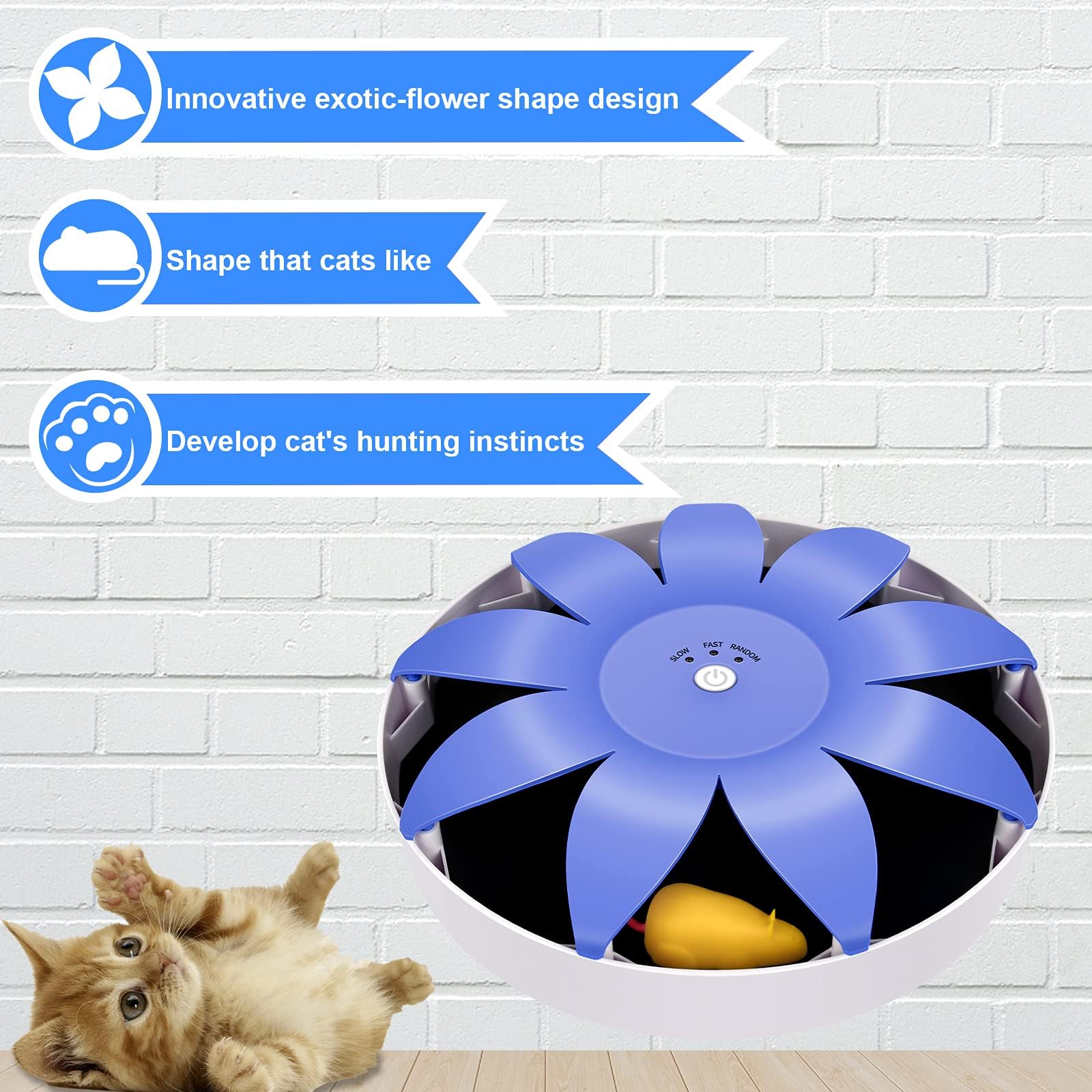 FluffyDream Giocattolo elettrico automatico per gatti, rotante, magnetico, interattivo, con mouse emulazionale, code soffici, giocattoli per gatti da interni, animali domestici, 24,5 x 24,5 x 6 cm