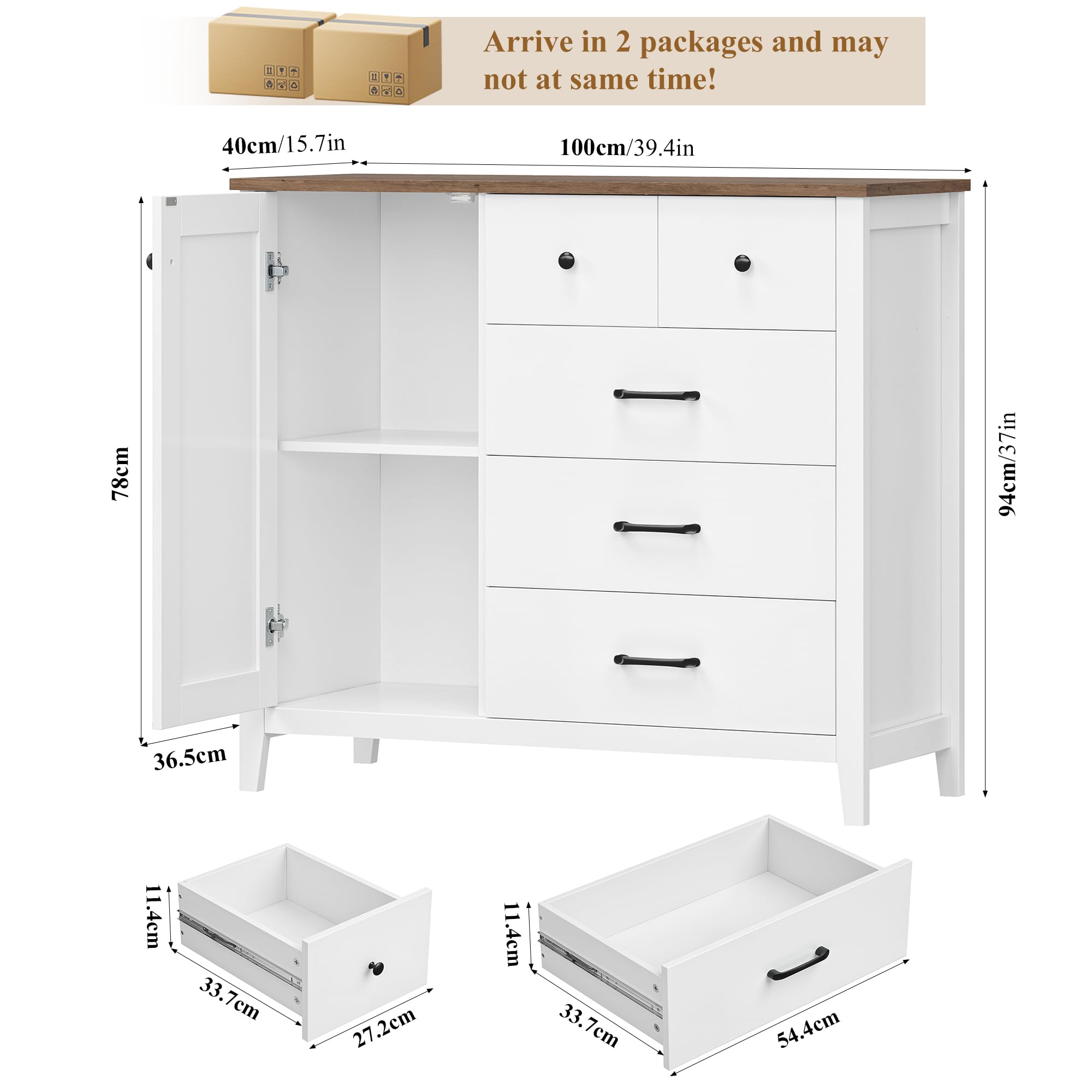 HOCSOK Küchenschrank Weiß, Sideboard mit 5 Schubladen und 1 Türe, Buffetschrank mit Arbeitsplatte für Küche, Esszimmer, Wohnzimmer, Flur, Holz, 100x94x40 cm