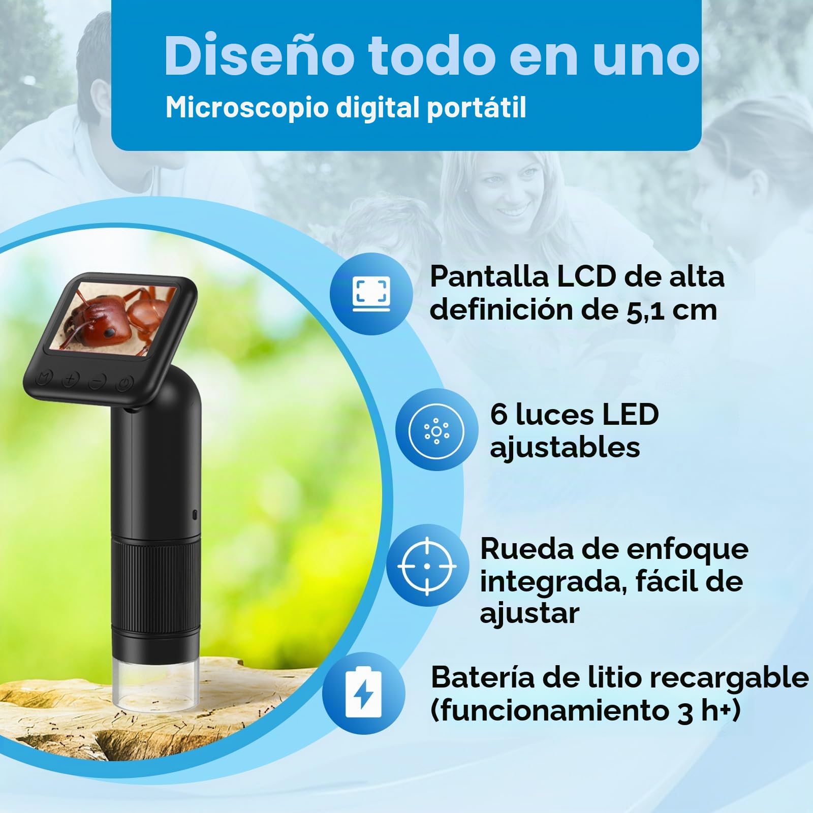 Microscopio digital de mano 800X con pantalla LCD de 2", microscopio portátil de bolsillo para niños con luces LED ajustables, microscopio con lupa para monedas, USB a PC, incluye tarjeta SD de 32 GB.