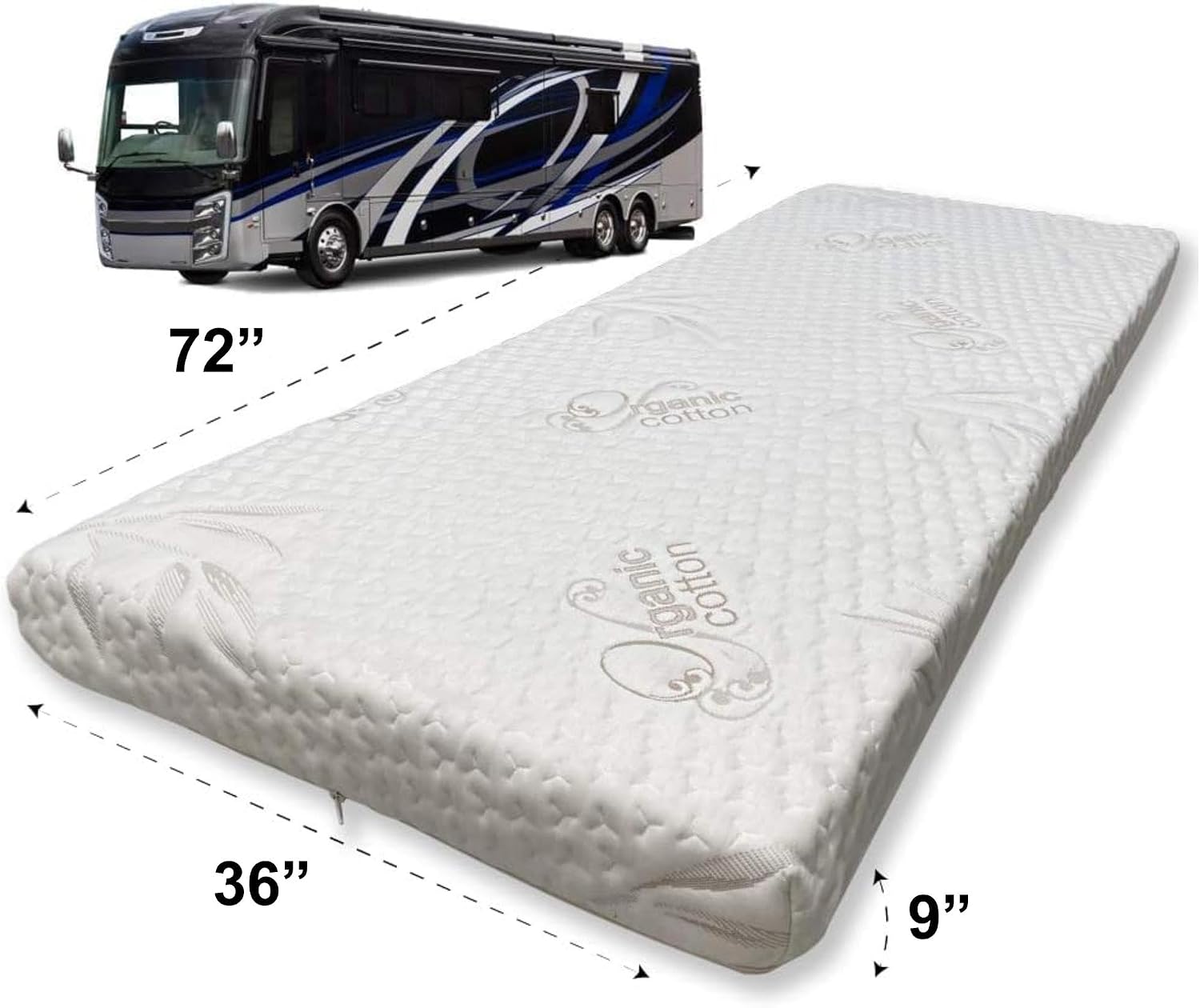 Foamma 9" x 36" x 72" Mattress for RV with Water Resistant Organic Cotton Cover, Firm High Density Foam, USA Made, CertiPUR-US Certified Foam