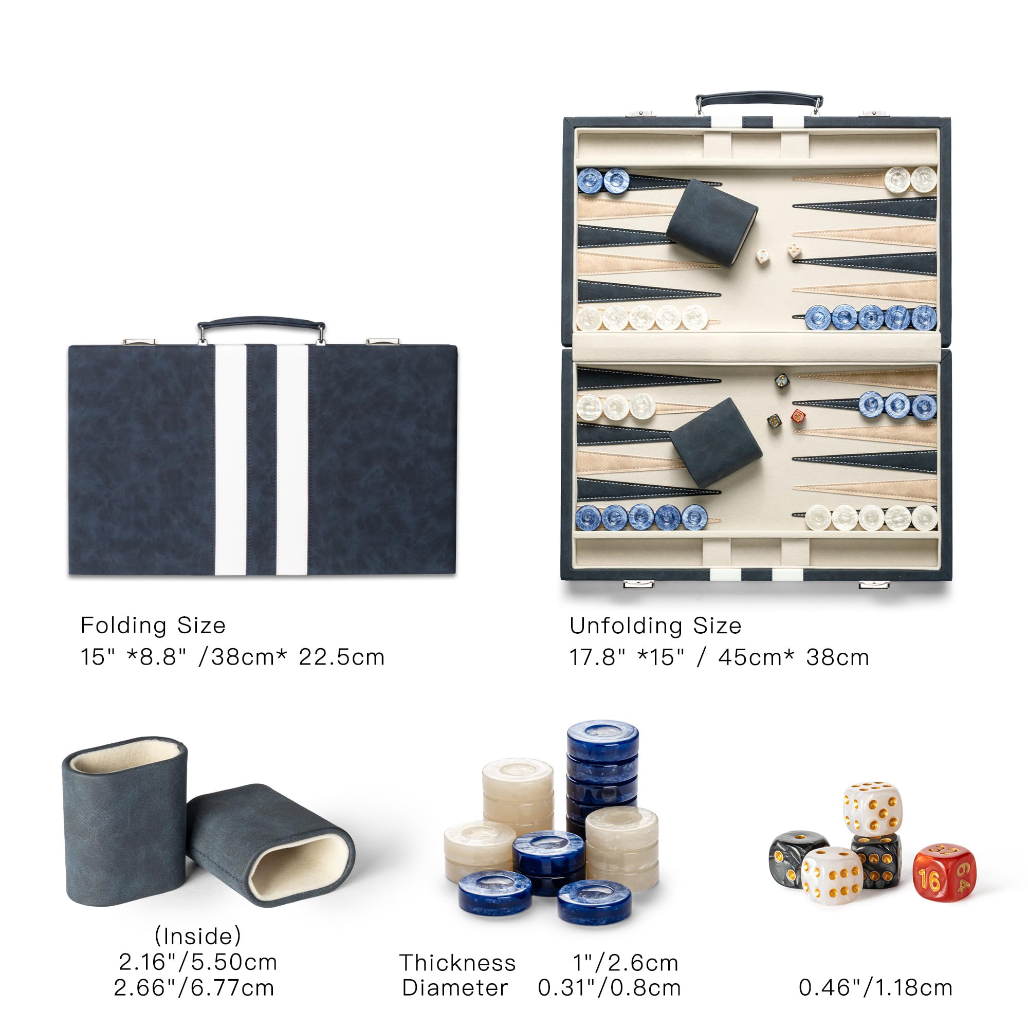 38cm Backgammon Sets for Adults, Classic Board Game with Folding Leather Backgammon Case, Leather Exterior and Velvet Interior, Portable Travel Game Set (Blue)