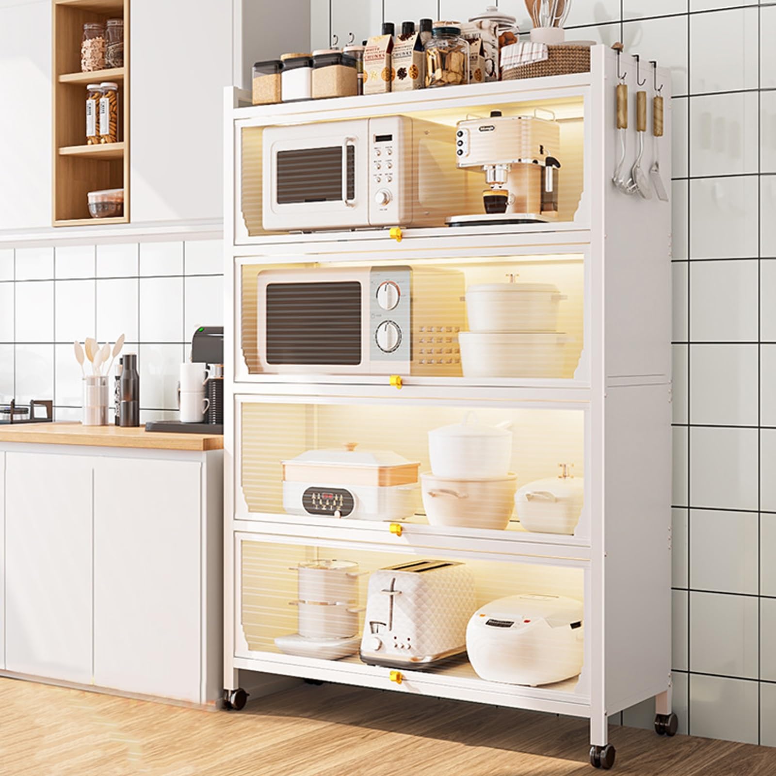 Generisch Weißer Küchenschrank – Vielseitiges Bäckerregal mit Mikrowellenregal, transparente Türen mit Klappschalter, perfekt für Zuhause, Büro, Speisekammer – 80 cm