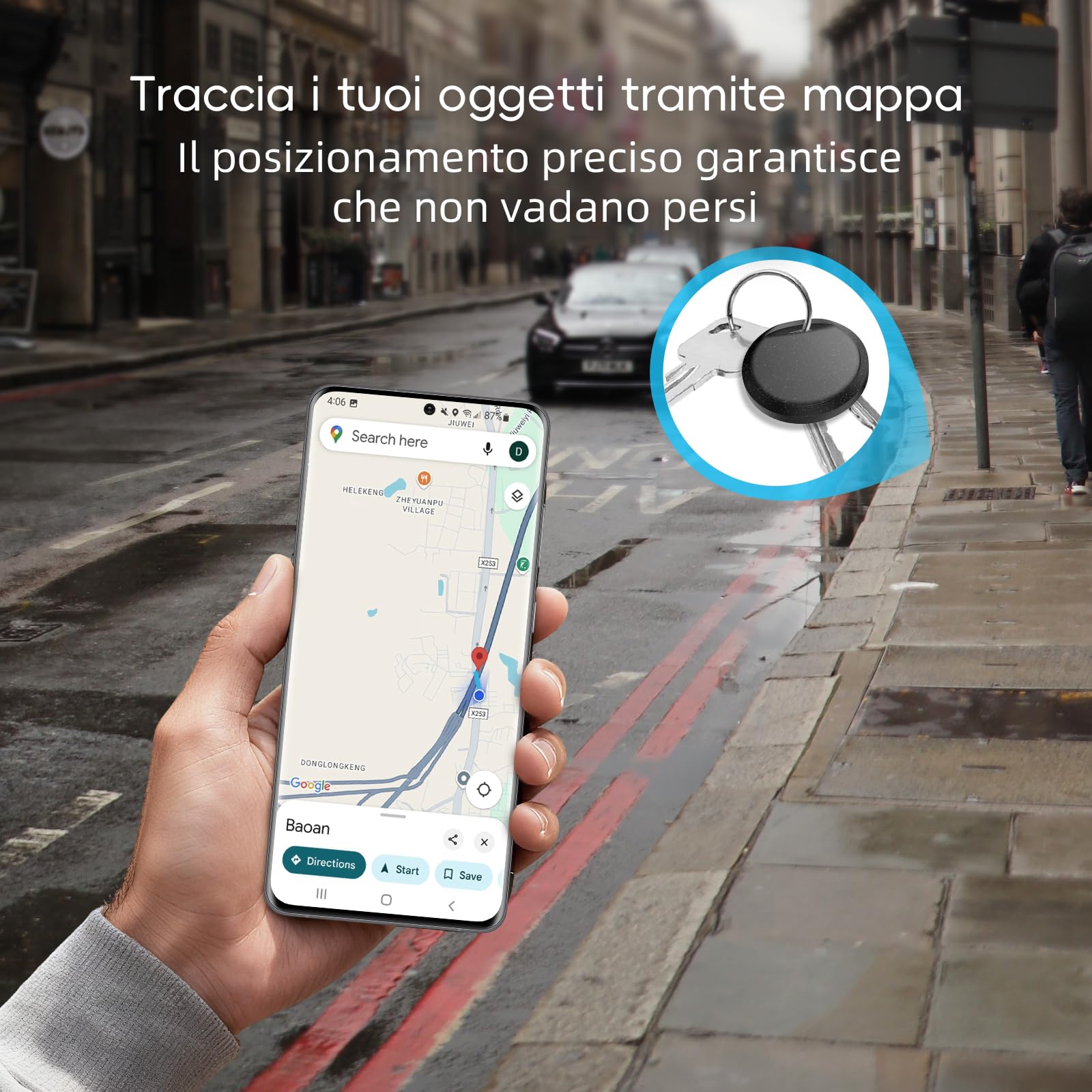 RSH Android Bluetooth Tracker Smart Tag, Works with Google Find Hub, 4 Pack, Key Finder for Wallet/Luggage/Backpack, Android Only, Loud Beep, Last Known Location (Schwarz)