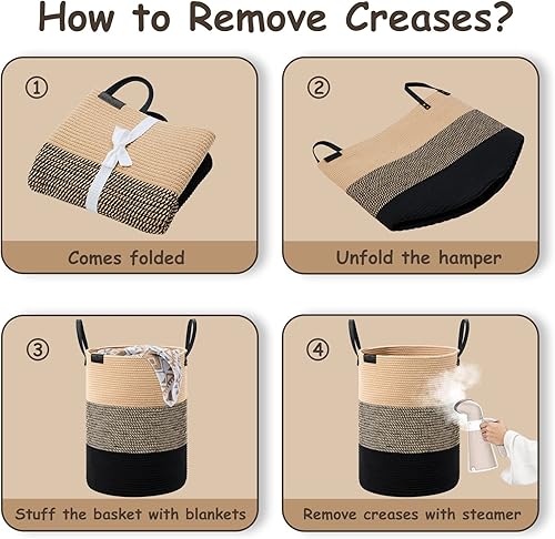 Miniatura 6 de VIPOSCO Cesta alta para ropa sucia, cesta grande para ropa sucia con mango de cuero, cesta de almacenamiento de cuerda tejida para manta, juguete en