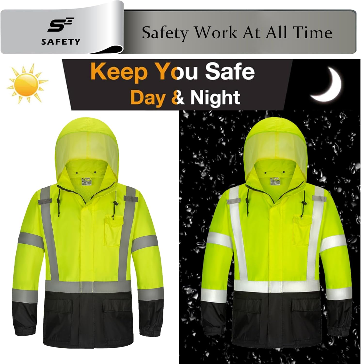 sesafety Hi Vis Rain Jacket, Rain Suits for Men Waterproof withBlack Bottom, Rain Coats for Men Interior Mesh, Class 3 HighVisibility Rain Gear,Removable Hood - Image 3