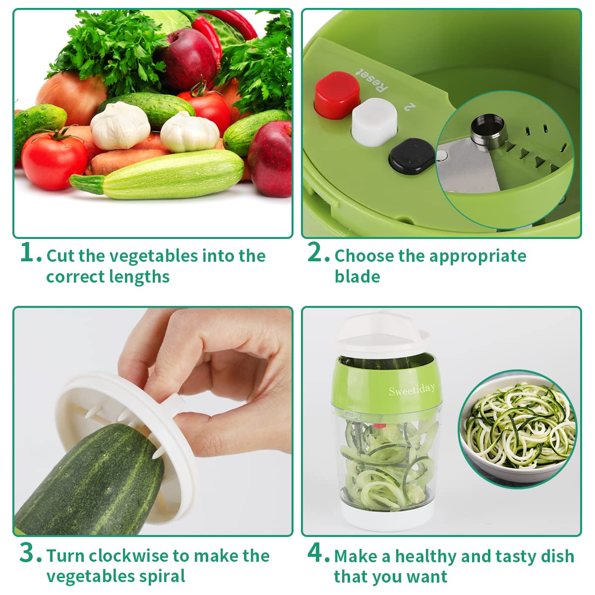 Spiraliseur De Légumes 4-en-1 Manuel - Pour Spaghettis De Courgettes, Carottes, Concombres, Sans BPA