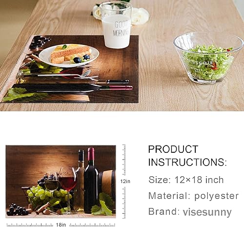 Miniatura 7 de visesunny Juego de 4 manteles individuales con patrón de madera para copas de vino, uvas, manteles individuales antideslizantes para decoración de
