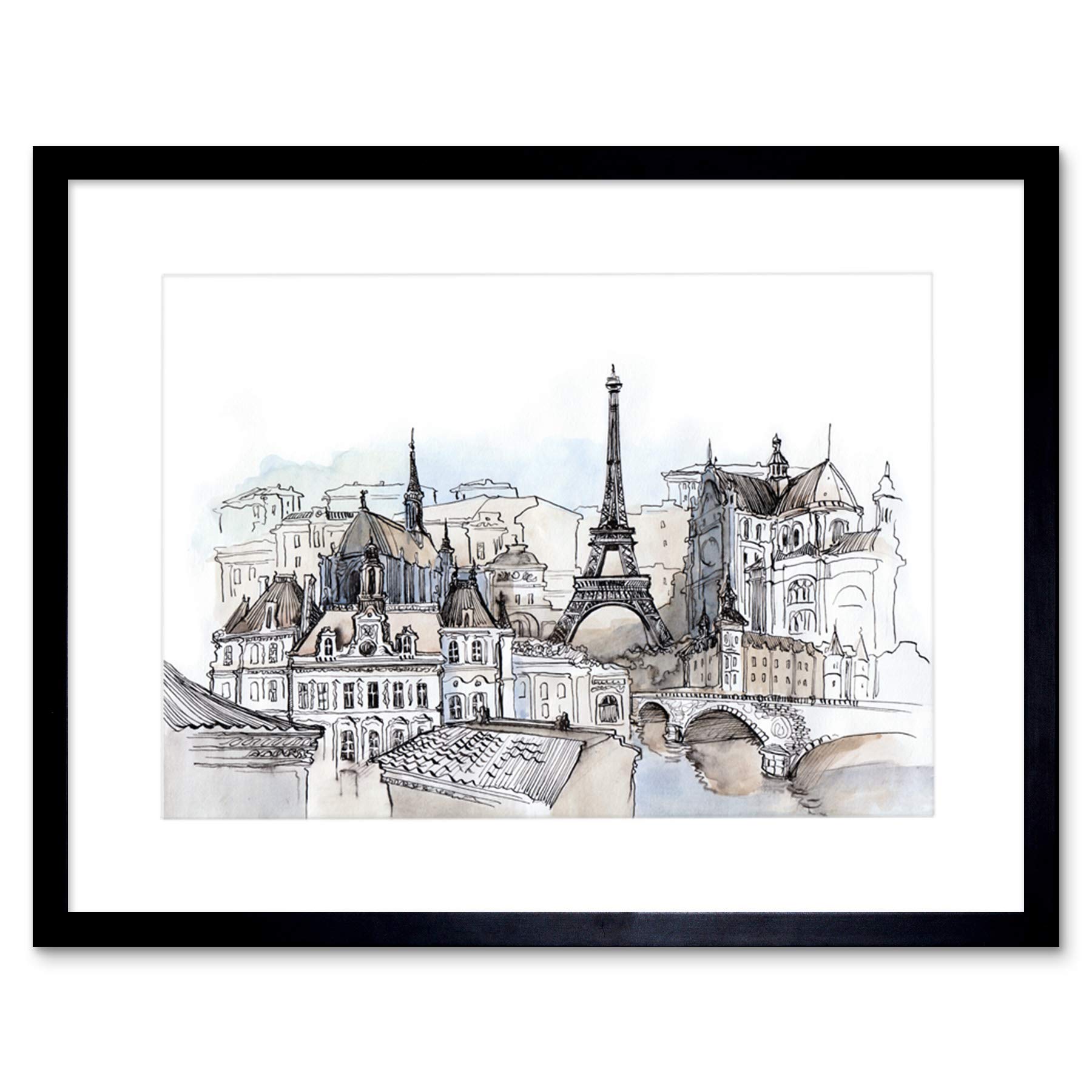 Wee Blue Coo France Ink Drawing Paris Artwork Framed Wall Art Print 9X7 Inch