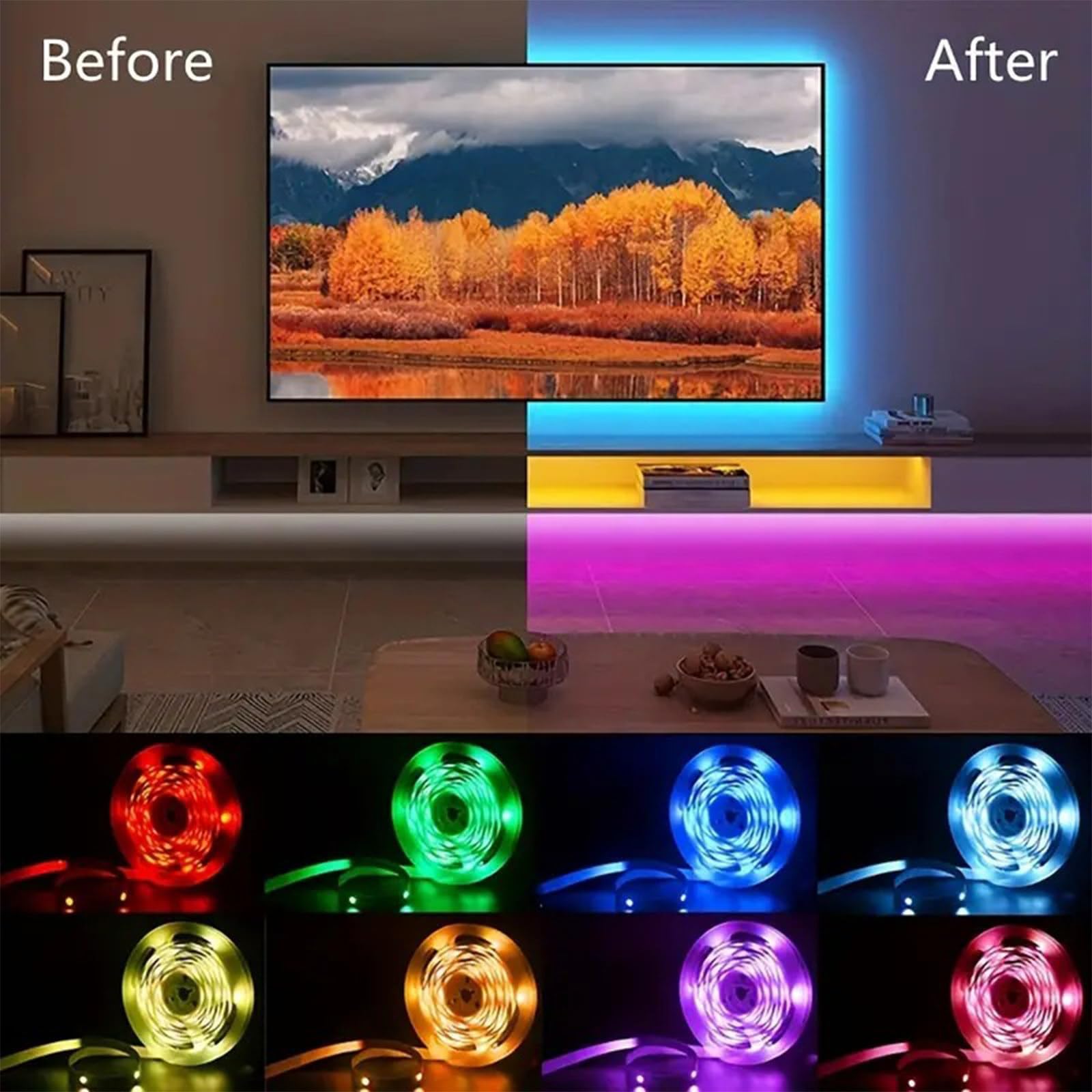 Tira de luz LED, tira de luz LED de ambiente autoadhesiva, tira de luz LED cortable con control remoto de aplicación inteligente para decoración de habitaciones,25M