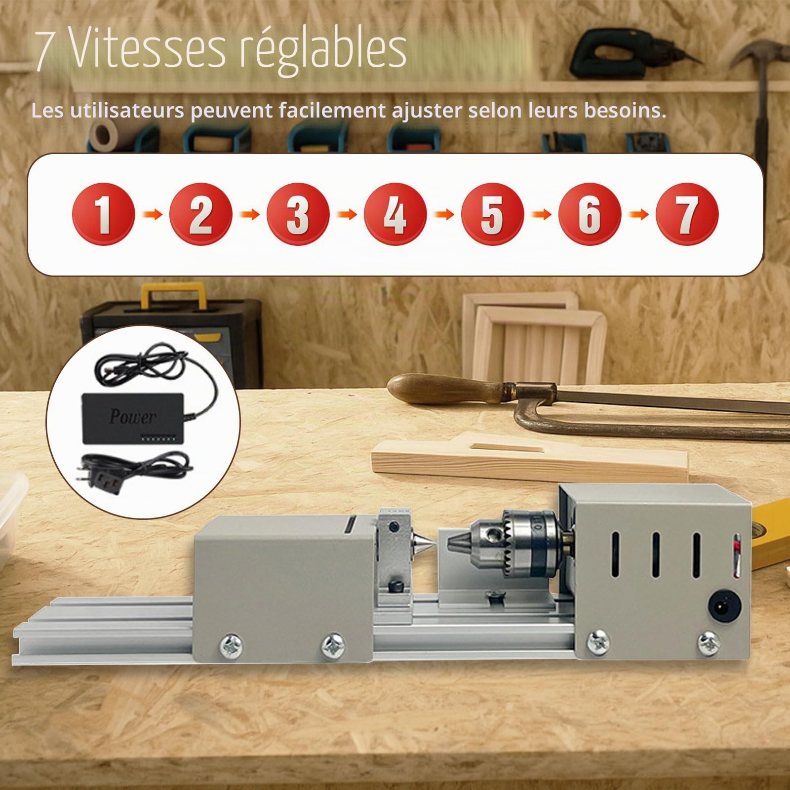 Mini tour en métal, 96 W, 4000-9000 tr/min, 7 vitesses, plage de serrage de 0,6 à 6 mm, tour de table pour le travail du bois DIY