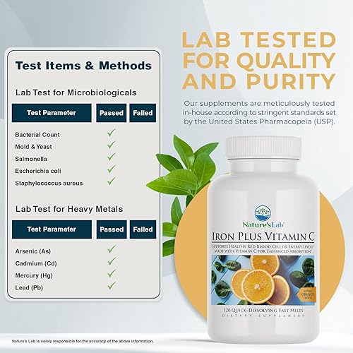 Miniatura 4 de Nature's Lab Hierro Plus Vitamina C Fast Melt Tabletas - Suave con el estómago Carbonil Hierro, Alta Absorción para Glóbulos Rojos Saludables* - 120
