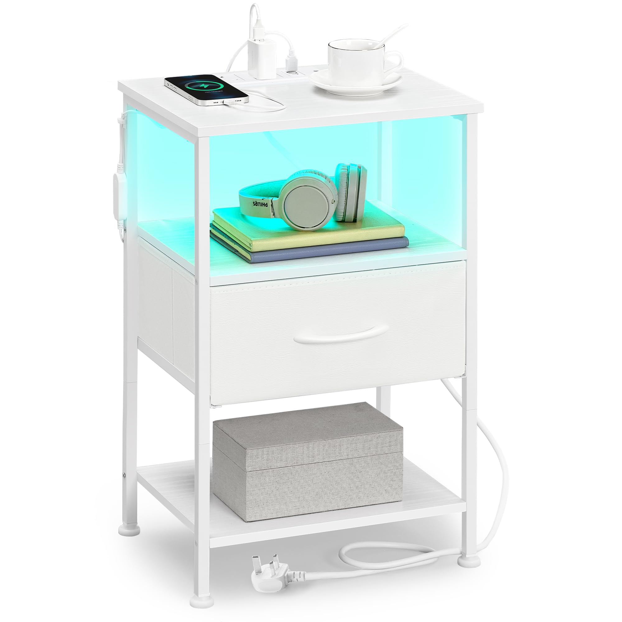 SONGMICS BELLAH Collection - Bedside Table with Charging Station, Side End Table with APP-Controlled Adjustable LED Lights, 2 Open Shelves and 1 Drawer, Bedroom, Cloud White and Snow White LGS301WH02