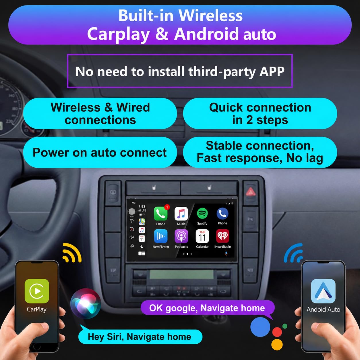 VW Transporter T4 T5 Golf 4 Polo Passat B5 autoradio CarPlay Android Auto | Schermo IPS,sistema Linux rapido,Plug&Play,compatibile VW Bora,SEAT Leon Alhambra,DSP,Bluetooth,4x45W,telecamera posteriore