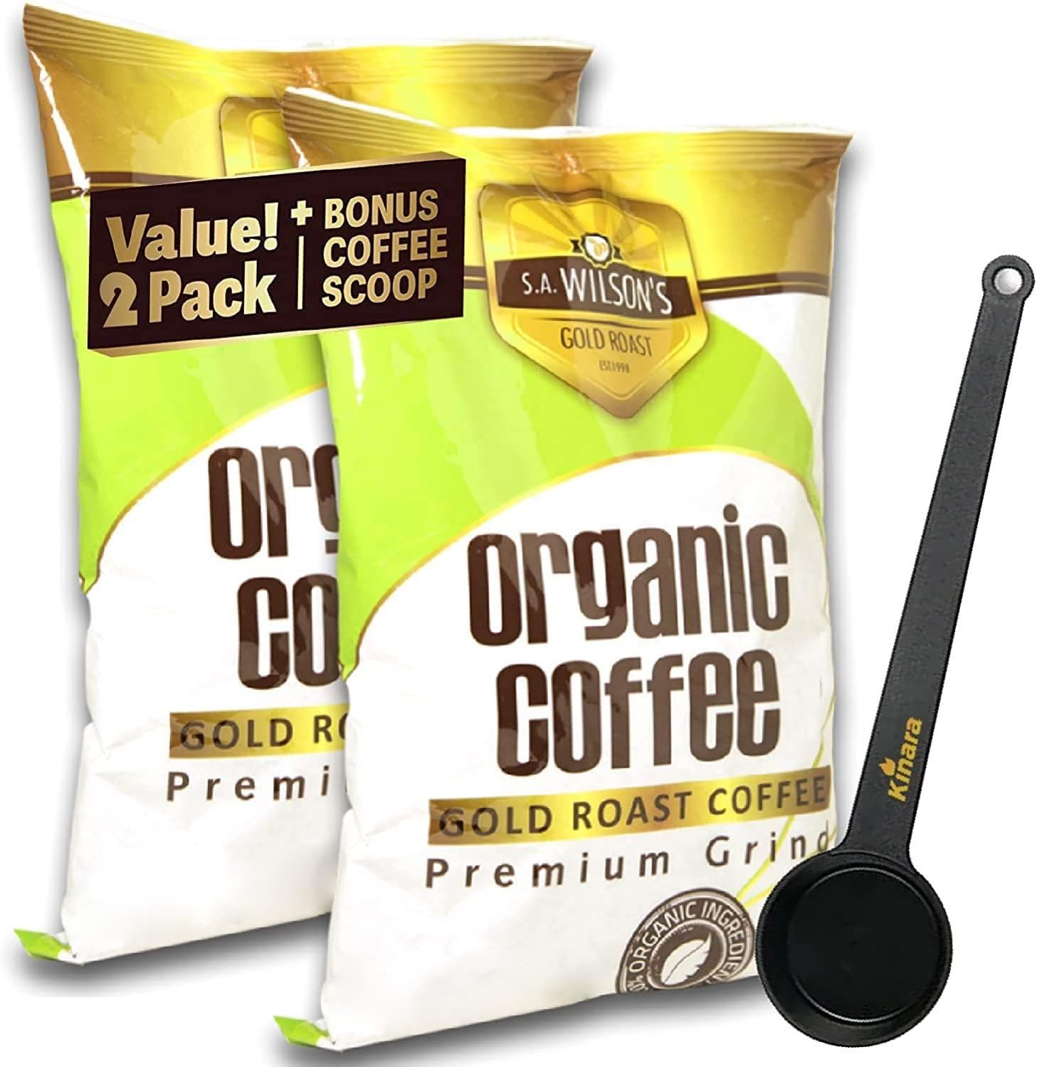 Kinara Organic Enema Gold Coffee with Scoop, High Caffeine (44 Higher Caffeine) by S.A. Wilson - Pack of 2 (3 Piece Set)