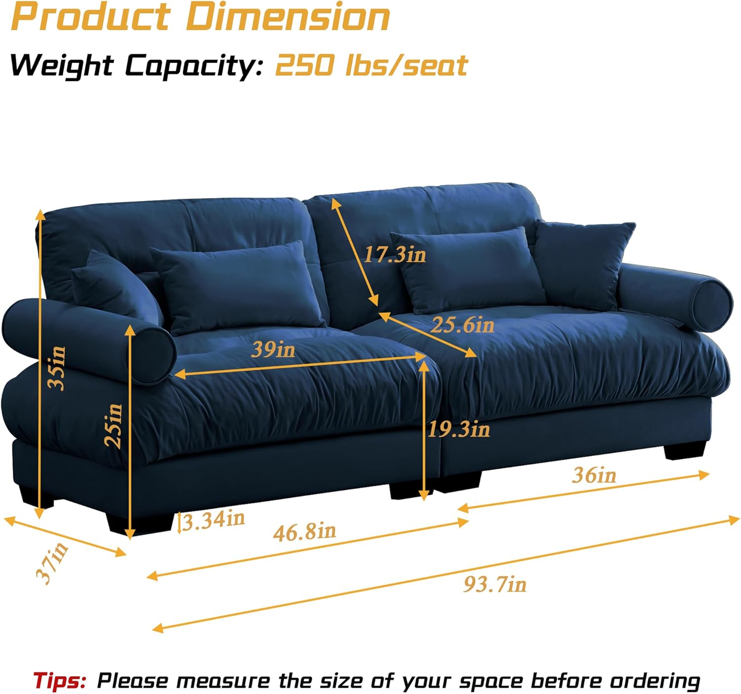 Modular Sectional Sofa 2 Seater Cloud Couch, Modern Loveseat Sectional Couches for Living Room, Deep Seat Recliner Sofa Velvet Comfy Couch for Bedroom, Oversized Couches with 4 Pillows, Blue