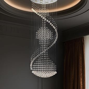 Modern Foyer Chandelier for High Ceiling, Large Spiral Raindrop Crystal Ceiling Light, Flush Mount Light Fixture for Foyer Staircase Entryway Entrance D31.49x H94.48