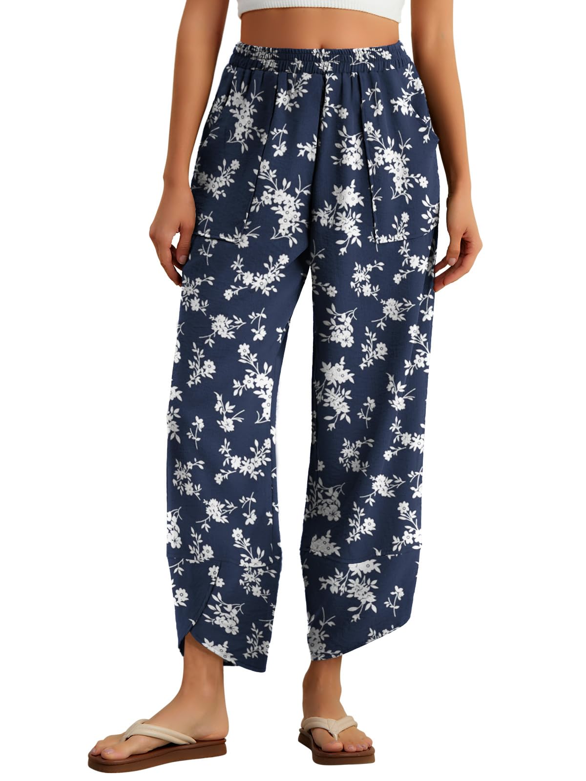 Feiersi Womens Baggy Wide Leg Pants Elastic Waisted Casual Palazzo Harem Pants Summer Beach Trousers
