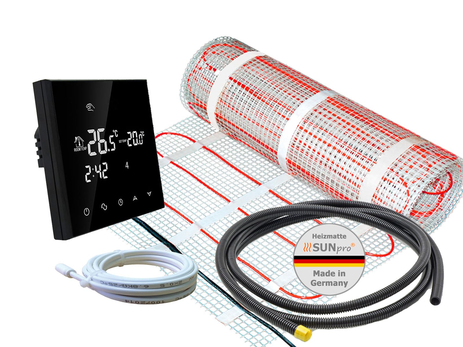 Komplett-Set elektrische Fußbodenheizung SunPro 160 für Fliesen, Naturstein mit Thermostat RT-50 schwarz (1 m² - 0,5 x 2 m)