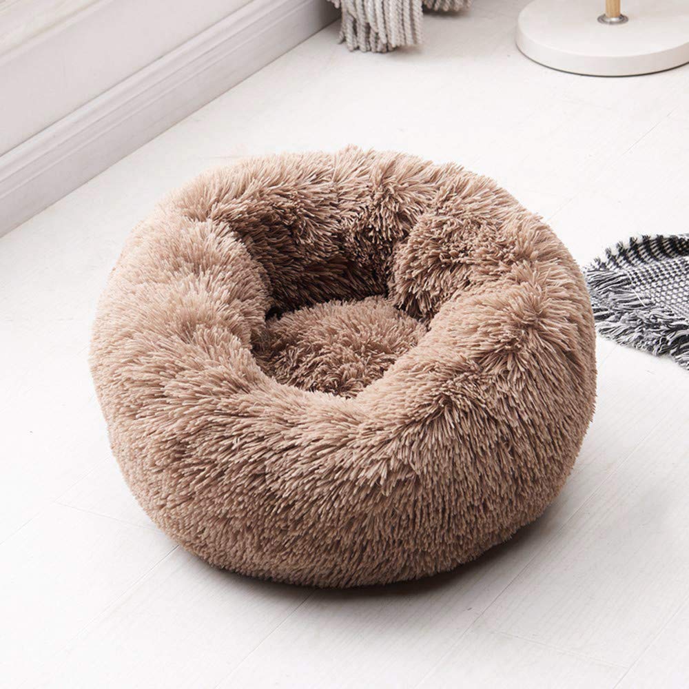 Plush Donut Pet Bed,Dog Cat Round Warm Cuddler Kennel Soft Puppy Sofa,Luxury Cat Cushion Bed Sleeping Bag Orthopedic Relief and Improved Sleep,Anti-Slip Bottom,Machine Washable(XL-27.6" x 7.9", Brown)