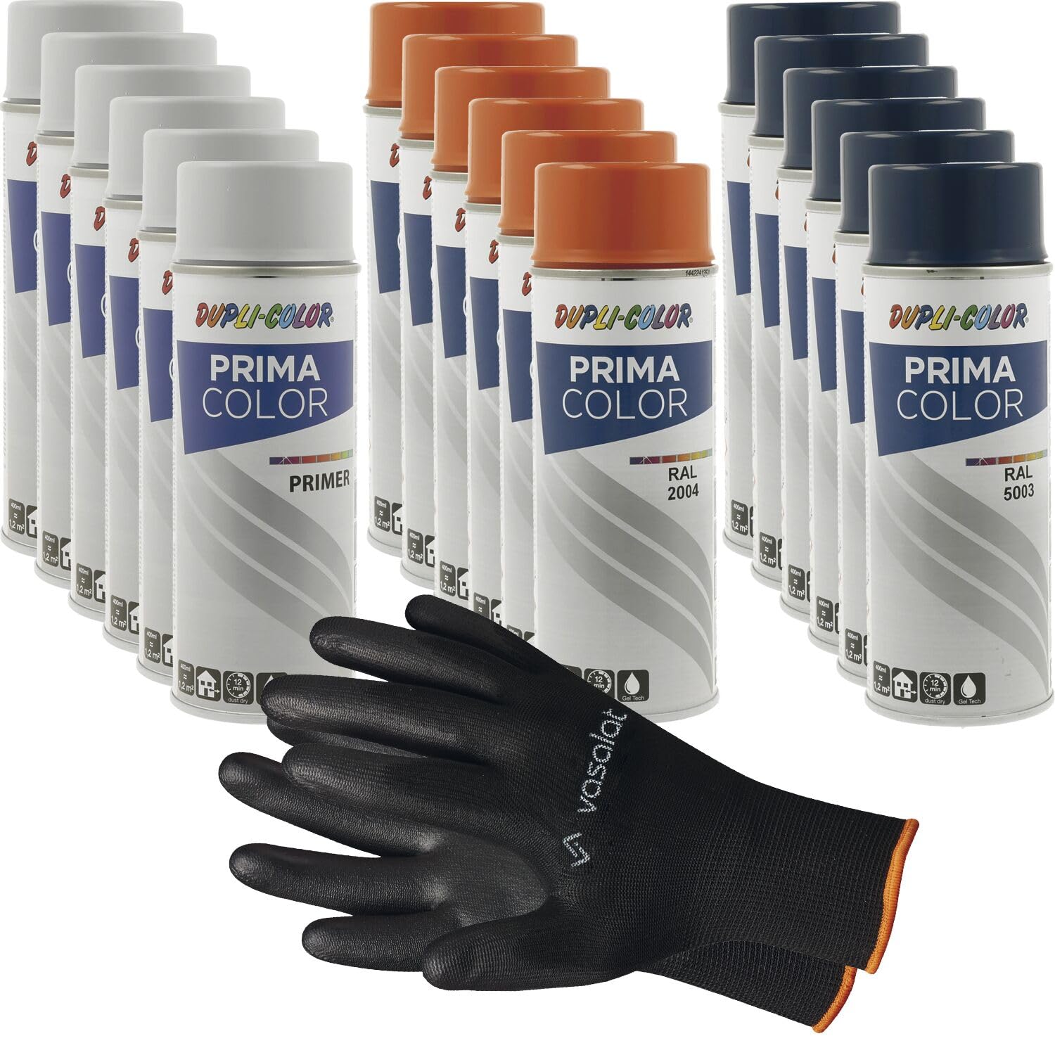 vasalat Dupli-Color Lackspray 6X reinorange + 6X saphirblau RAL 2004/5003 glänzend + 6X Rostschutz Spray grau, Grundierung Prima - Haftgrund Spray zum Schutz vor Neuer Rostbildung