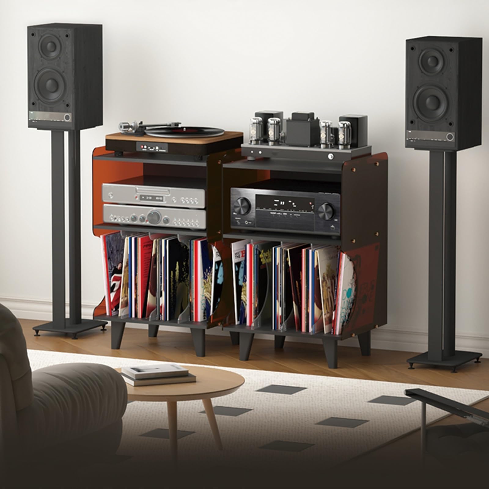 Supporto multimediale a 3 livelli per componenti audio/video, elegante supporto girevole con archiviazione per dischi in vinile, armadietto moderno per intrattenimento con area espositiva (marrone)