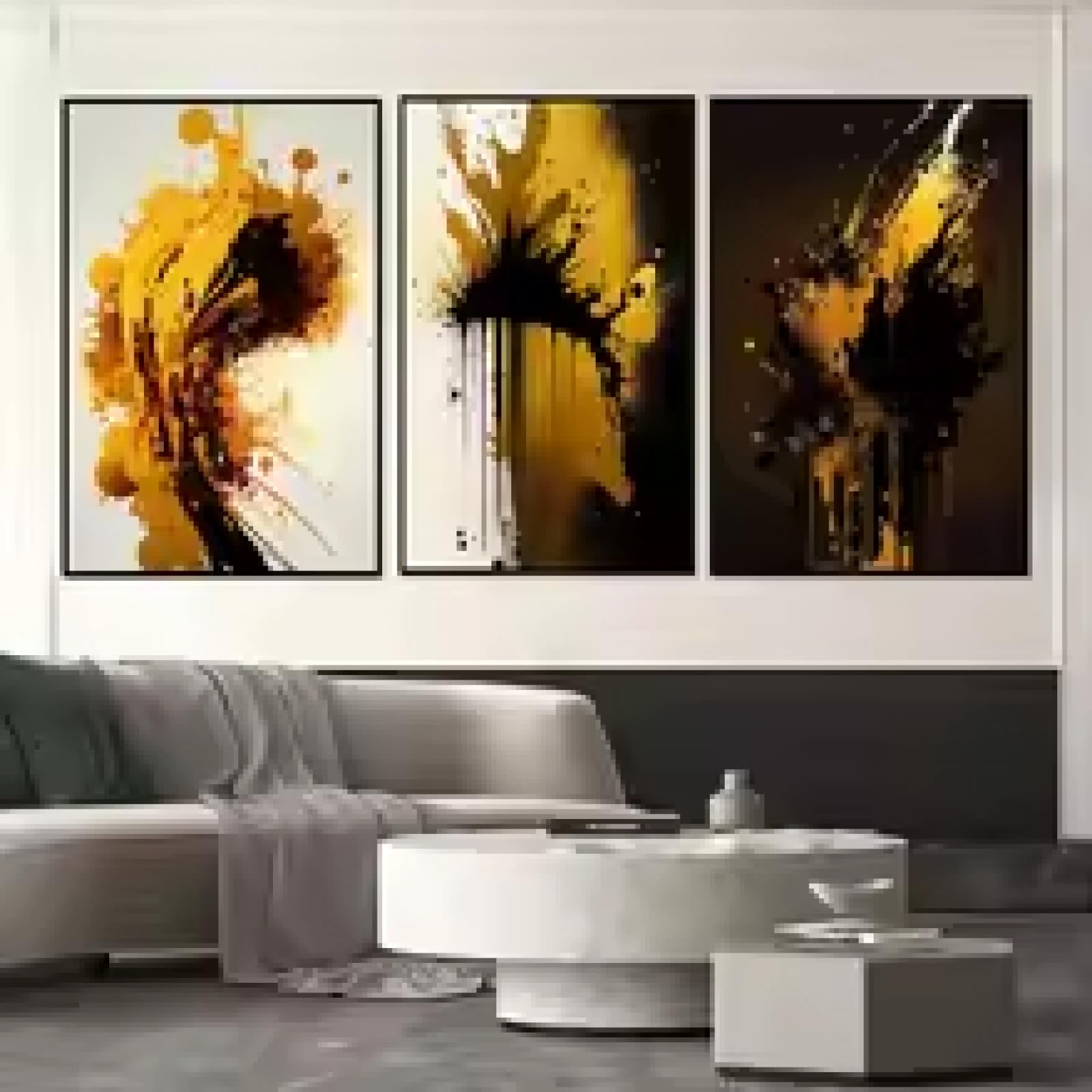 HIPWST Czarno-złota farba w sprayu obraz na płótnie abstrakcyjne graffiti czarny złoty plakat sztuka ścienna salon gabinet dekoracja 60 x 90 cm x 3 bez ramy