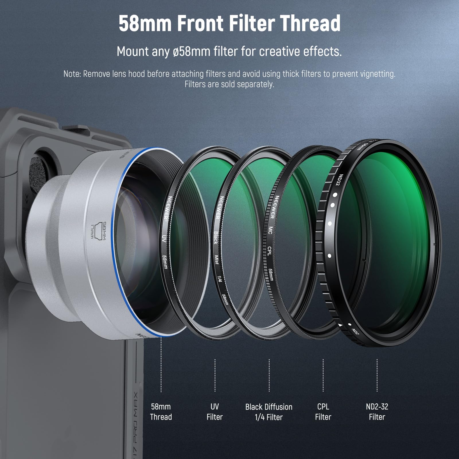 NEEWER 65mm HD Obiektywy Telefoniczne Kamera Mobilna z Parasolem (Srebrny), 1,7X Obiektywy Zoom Akcesoria do 17 mm Gwint Tylna Płyta, Komórka Klatka & Etui Kompatybilne z iPhone i Android, LS-66