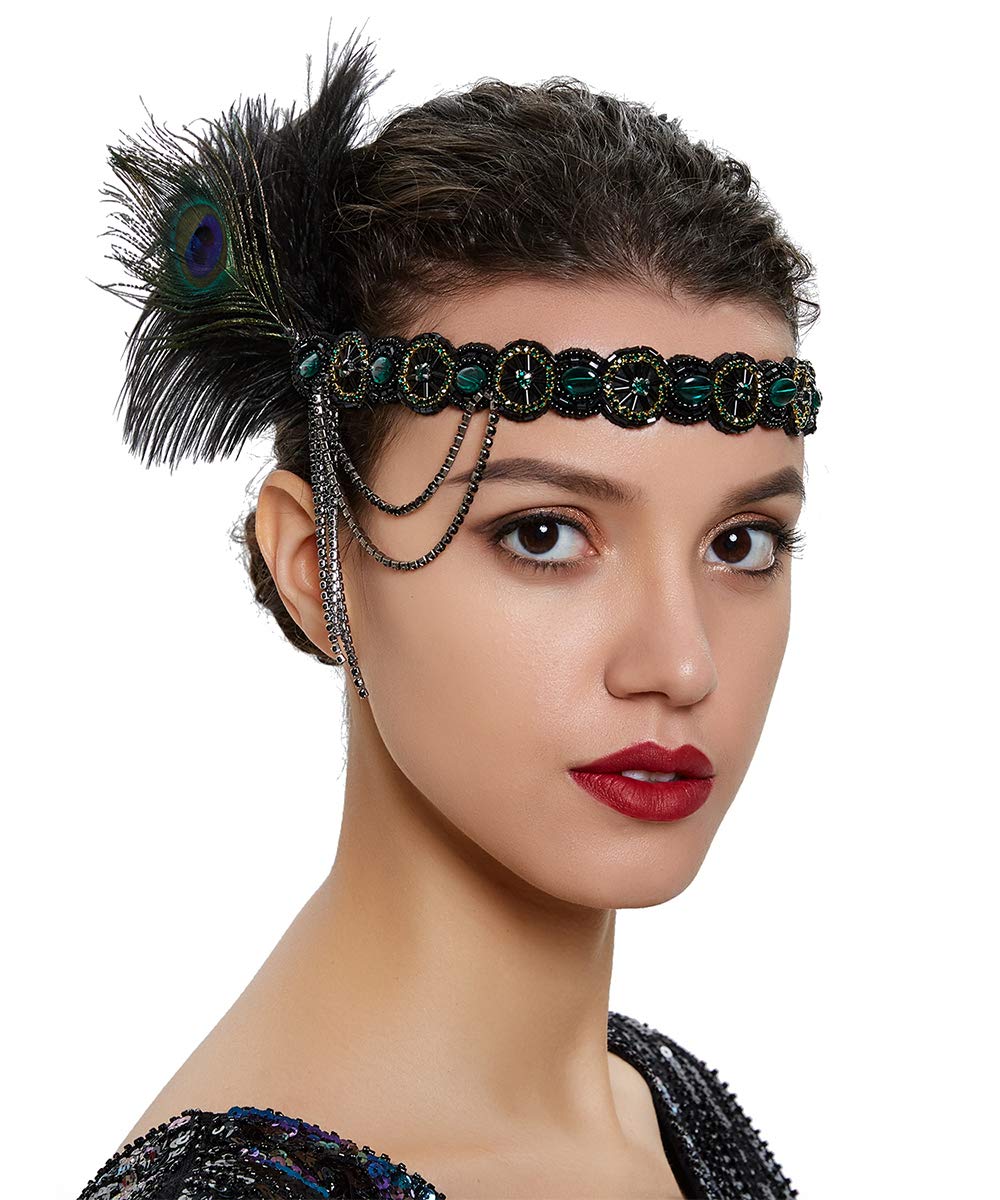 AnglacesmadeBridal 1920s Flapper Feather Headband Crystal Beads Tassel Peacock Feather Headpiece Great Gatsby Hair Jewelry for Women and Girls (Green)