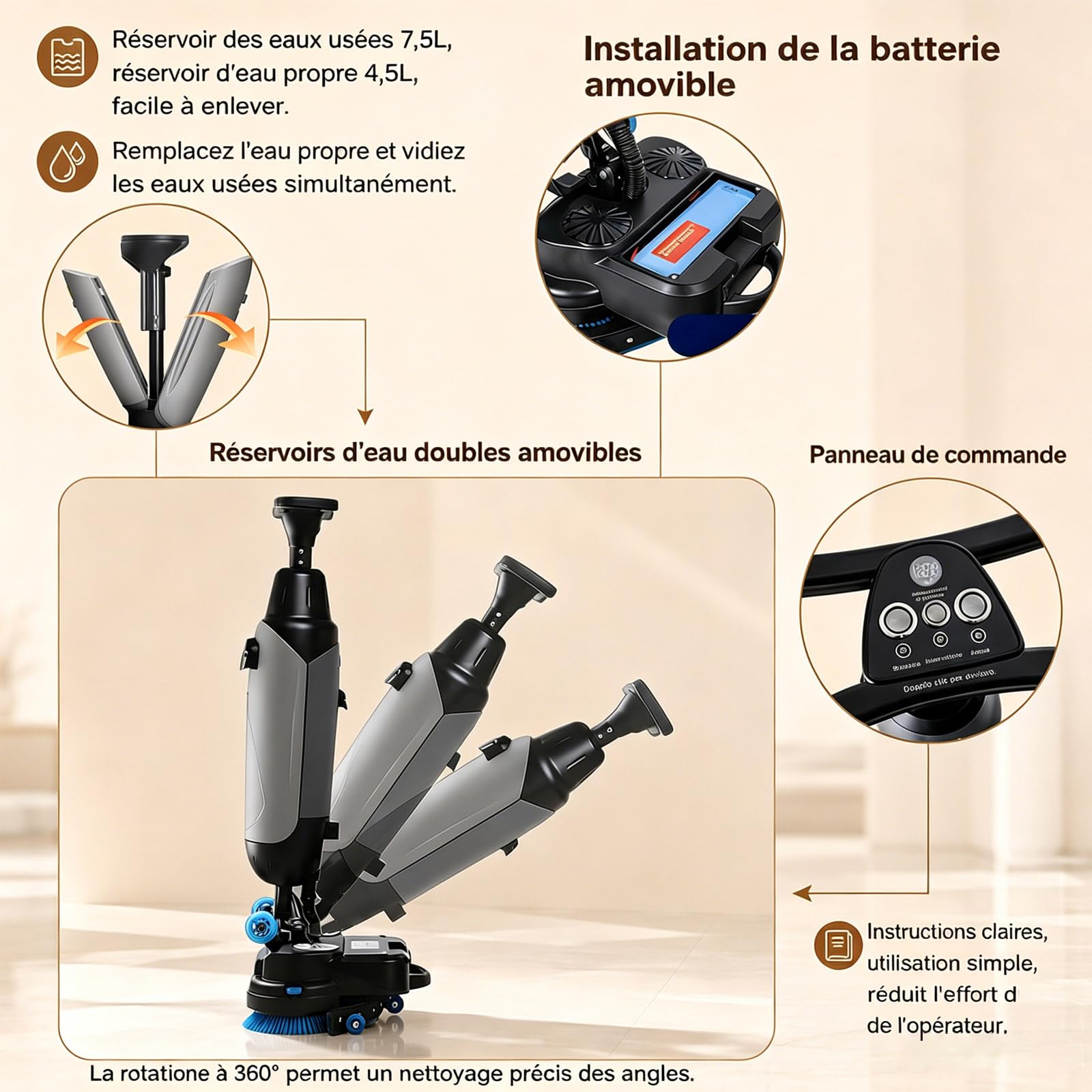 Autolaveuse Verticale et Aspirateur Nettoyeur Sol, Design Compact, Double Brosse Rotative 360°, Nettoyage en Profondeur pour Carrelage et Parquet Blanc-220V