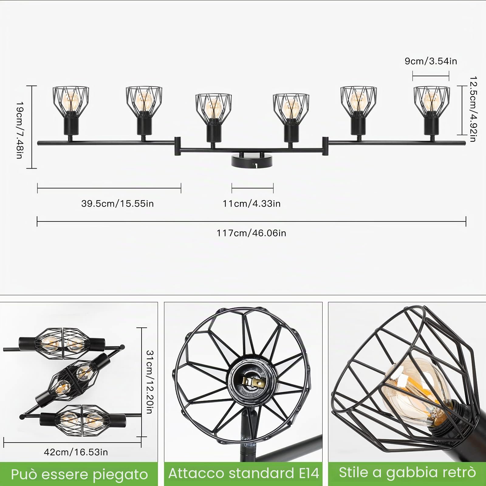 Kimjo Plafoniera a LED 6 faretti orientabili, faretto da soffitto nero, lampada da soffitto, cucina, E14, plafoniera da soffitto, illuminazione da soffitto a LED, retrò applique da soffitto per