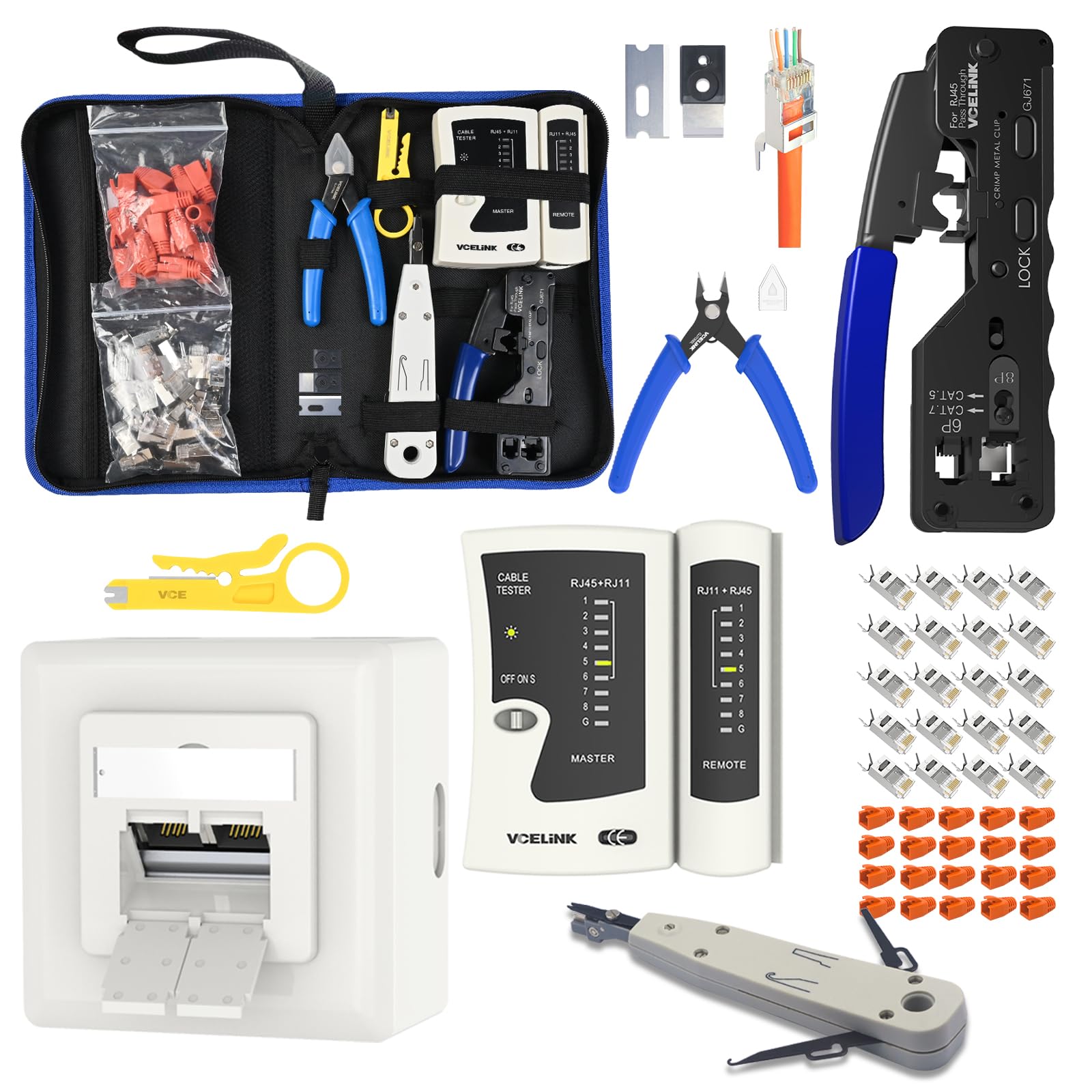 VCELINK Netzwerk Werkzeug Set mit RJ45 Crimpzange, 20 x RJ45 Stecker Cat7/Cat6a Pass Through, Netzwerktester, LSA & Abisolierzange, Stofftasche sowie 1 Stück CAT6A Netzwerkdose mit 2 RJ45 Ports