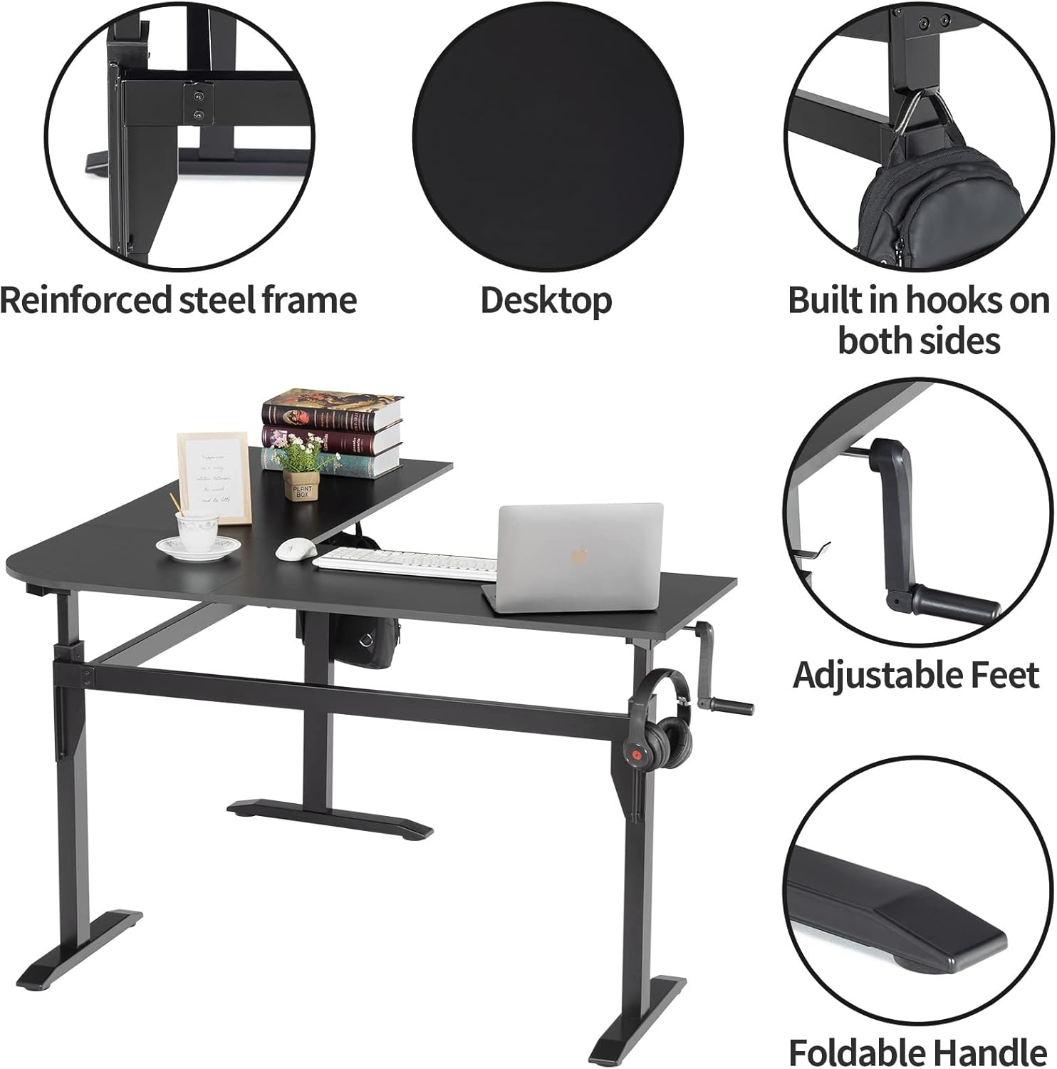 UNICOO – L Shaped Crank Height Adjustable Standing Desk, Sit to Stand up Corner Desk, L-Shaped Standing Workstation (XJH-LC-2 Packages) (Black)