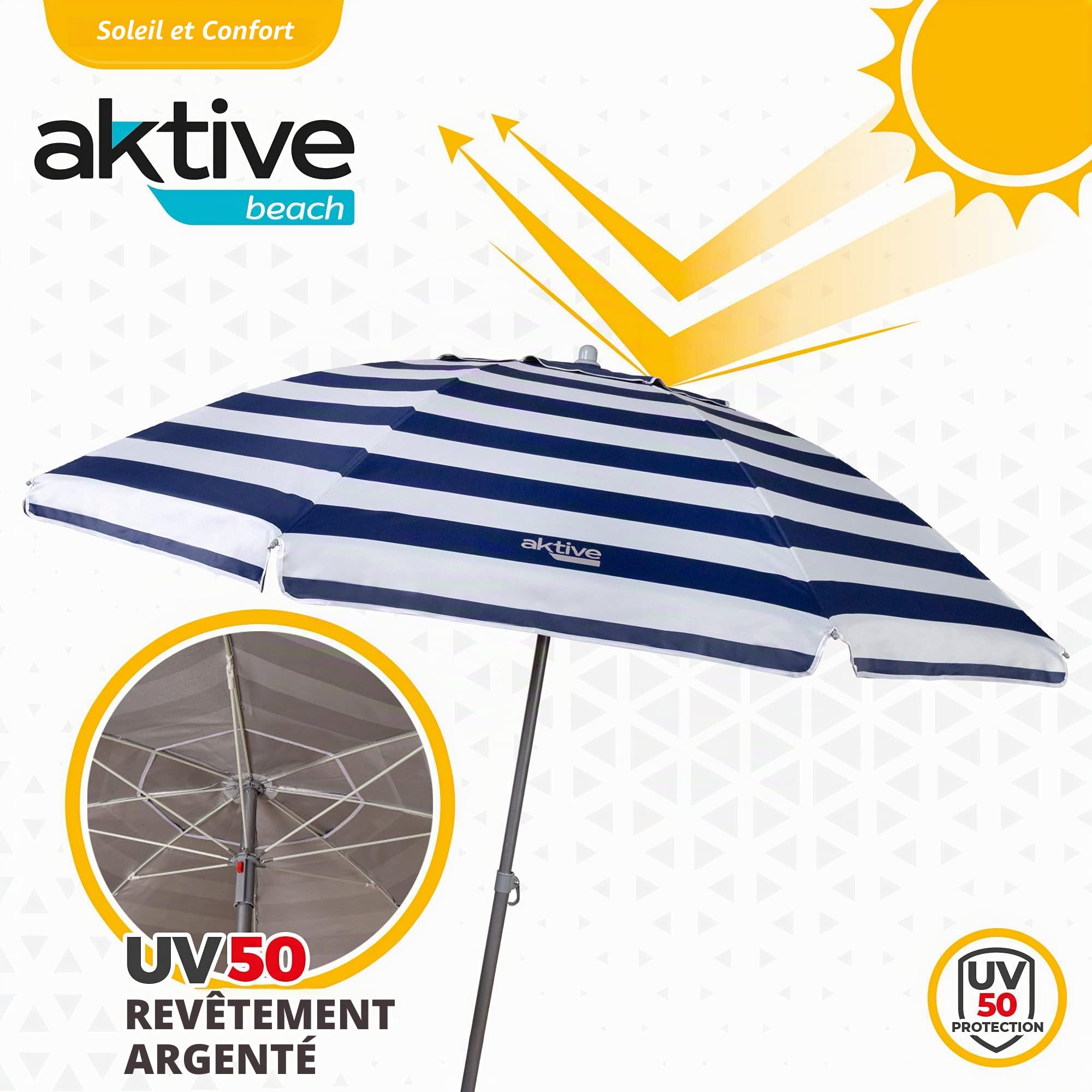 AKTIVE Parasol de Plage, 220 cm, Pare-Soleil Résistant au Vent, Toit de Ventilation, Mât 28-32 mm, Protection UV50, Motif Rayures Sailor, Sac de Rangement Inclus