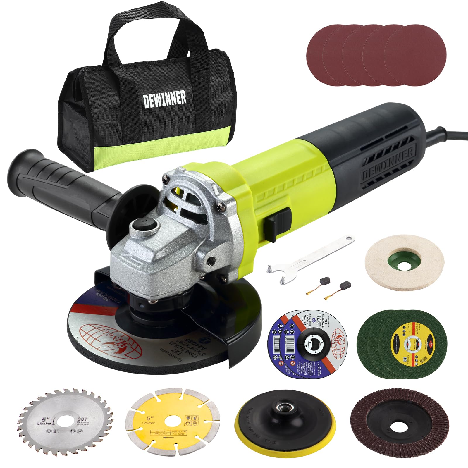 DEWINNER Smerigliatrice Angolare 125 MM 1000W 2000-12000 giri/min Con 20 Accessori,Flessibile da Taglio Disco da 125 mm,Tagliare e Levigare, Lucidare, Metallo, Legno,Pietra,Borsa per Attrezzi