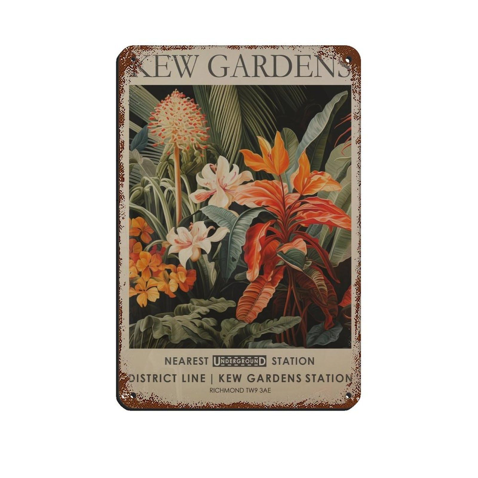 Kew Gardens, Vintage Tropical Botanical Art Retro Poster Metal Tin Sign Chic Art Retro Iron Painting Bar People Cave Cafe Family Garage Poster Wall Decoration 8x12inch(20x30cm)