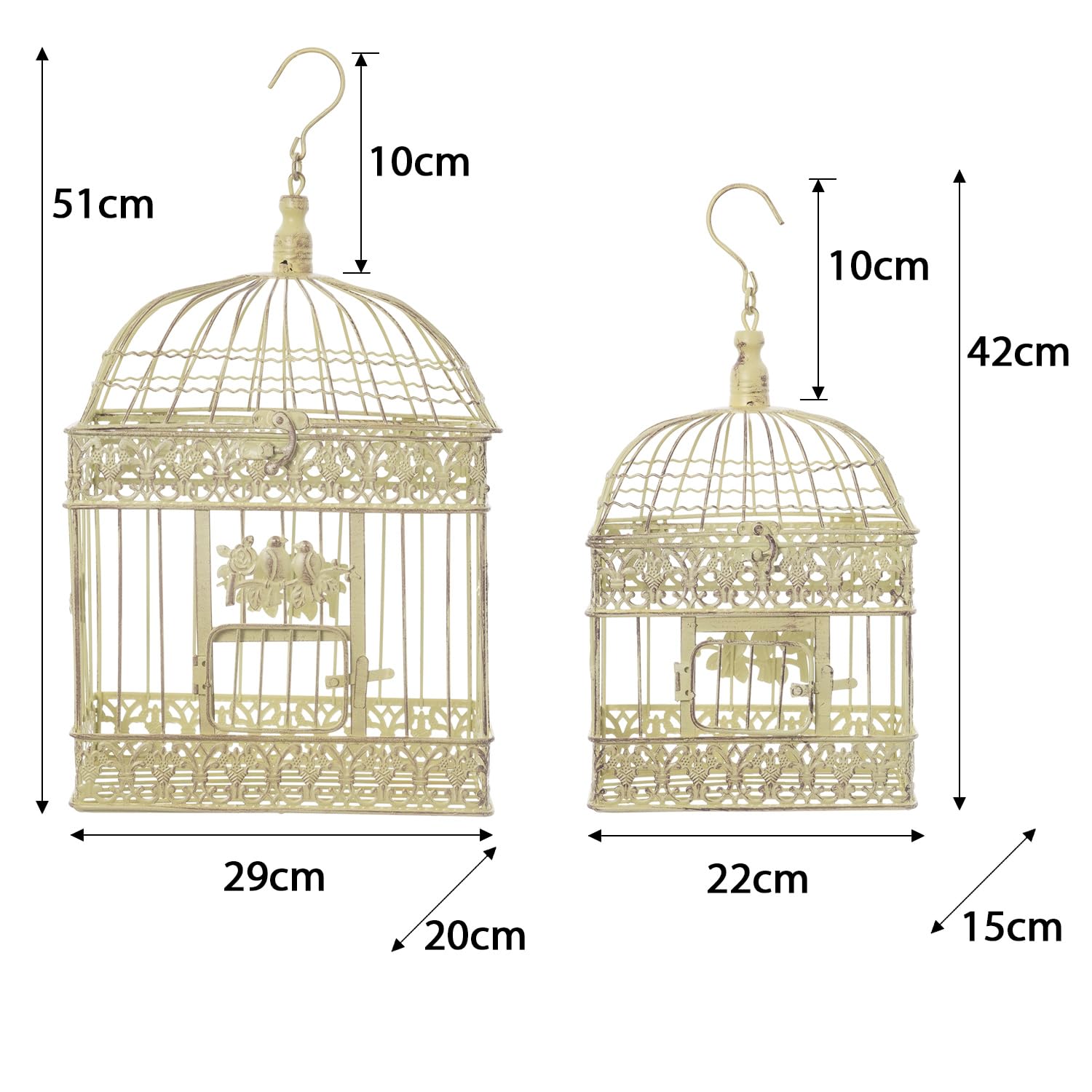 Cage à oiseaux décorative style colonial antique shabby rétro, style maison de campagne VK4RH-CR, Métal, Altgrün-gelbstich, Set M und L