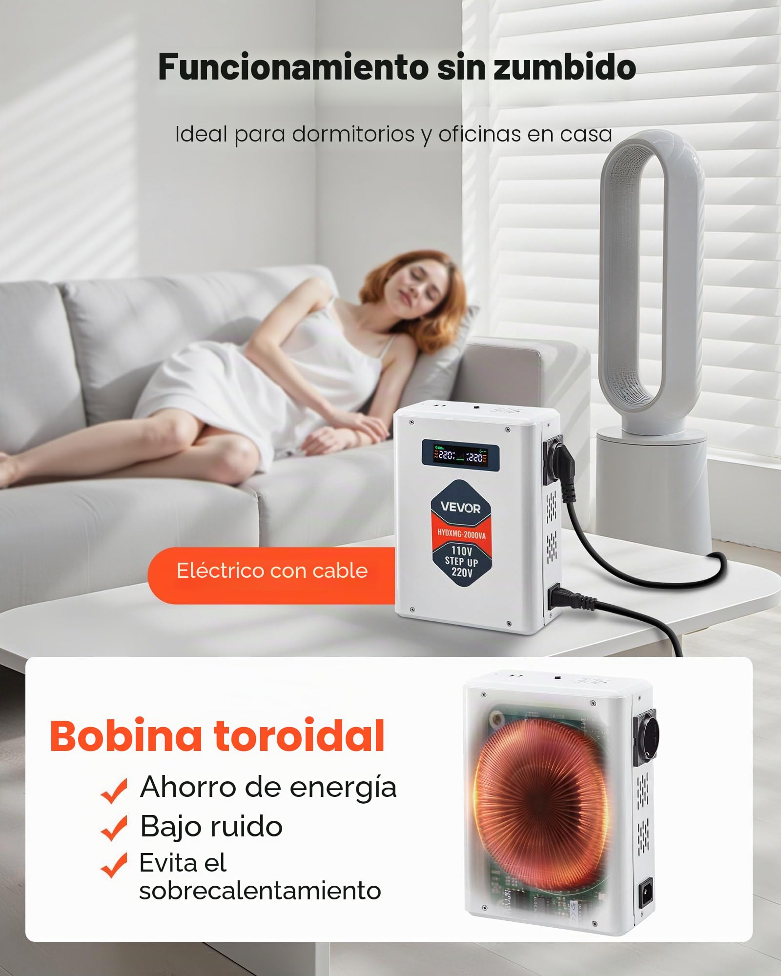 VEVOR Convertidor Elevador de Voltaje 2000 VA, de 110 V a 220 V, con 2 Tomas de Corriente de la UE, Salida USB, Pantalla LCD, Protección de Temperatura, para Electrodomésticos de 220 V, Blanco