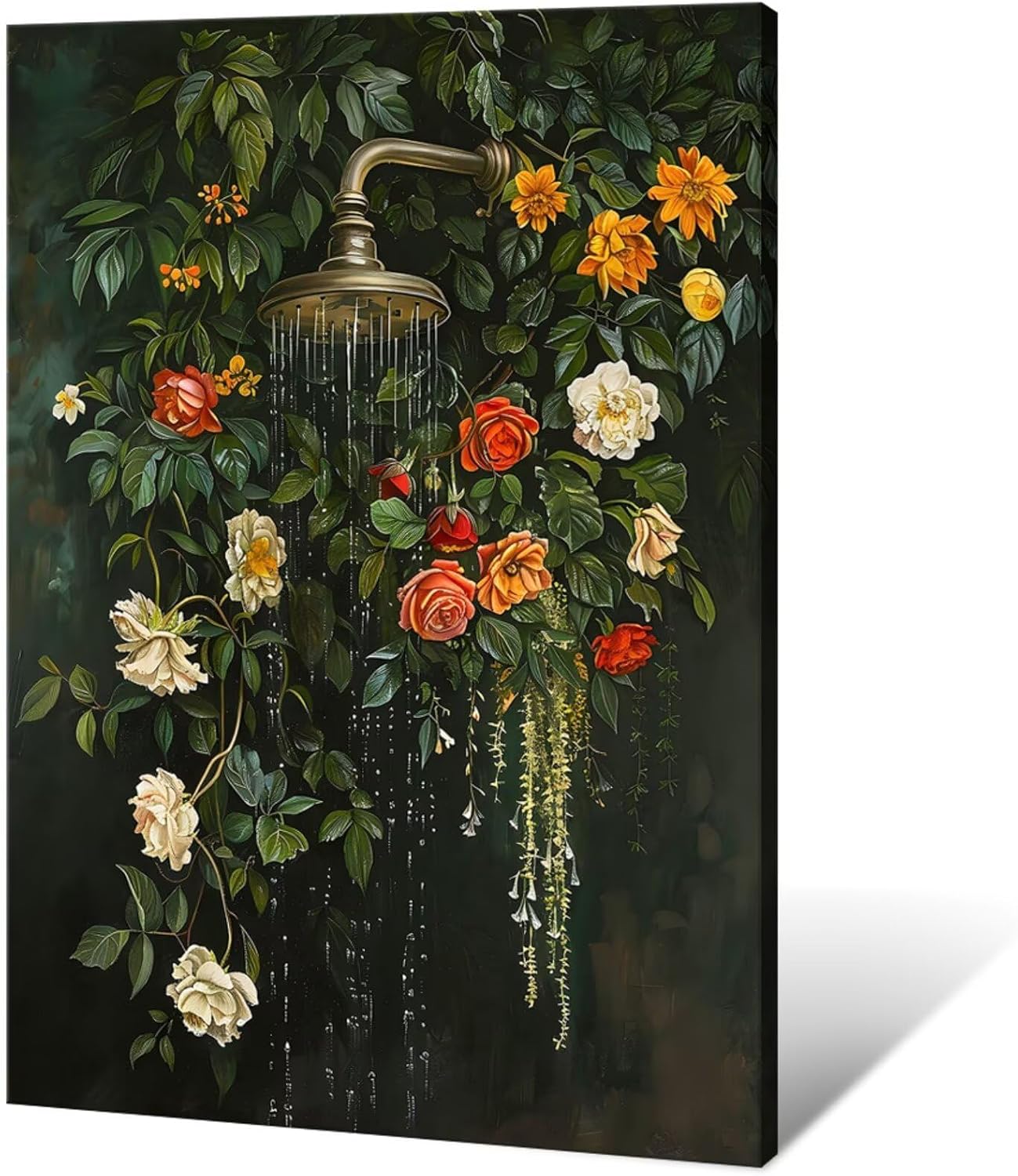 Colorful Floral Wall Art Vintage Dark Green Shower Canvas Prints Trendy Moody Flowers Poster Painting Modern Nature Botanical Aesthetic Picture Decor for Bathroom Restroom 12x16inch Wrapped Framed