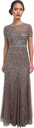 Adrianna Papell Womens Short-Sleeve Grid Beaded Gown