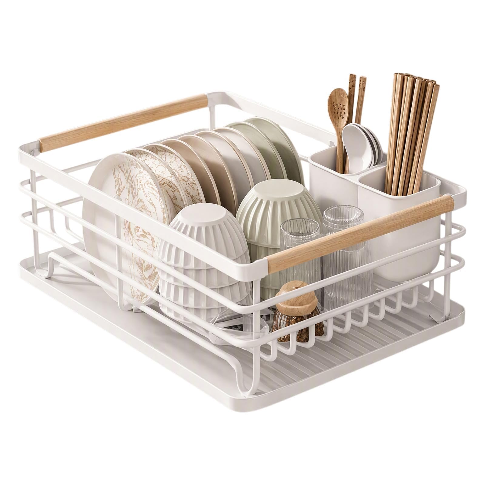 Dish Drying Rack, White Dish Drainer Rack for Kitchen with Drip Tray